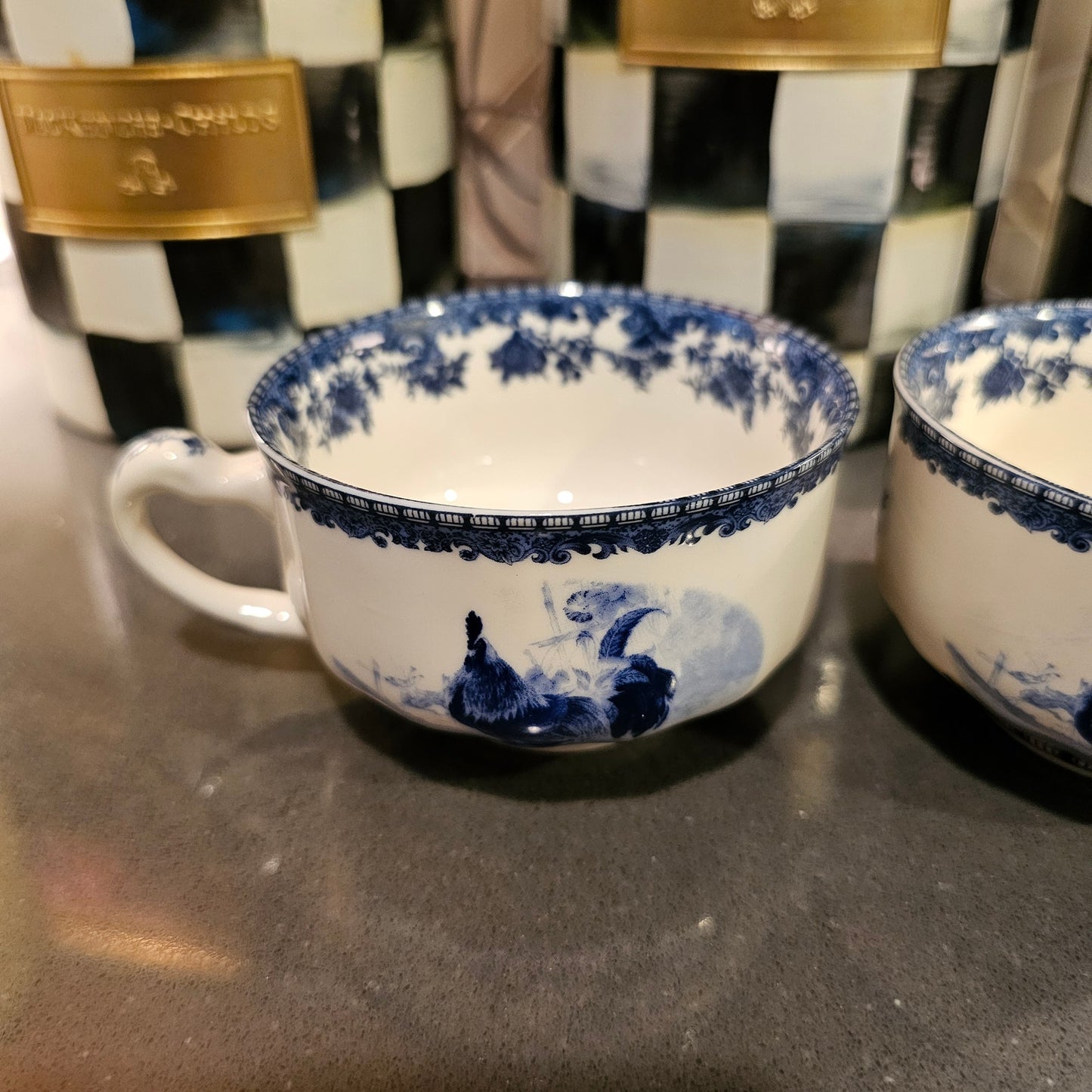 Rooster Tea Cups William James Farm Yard Set of 2 Blue & White