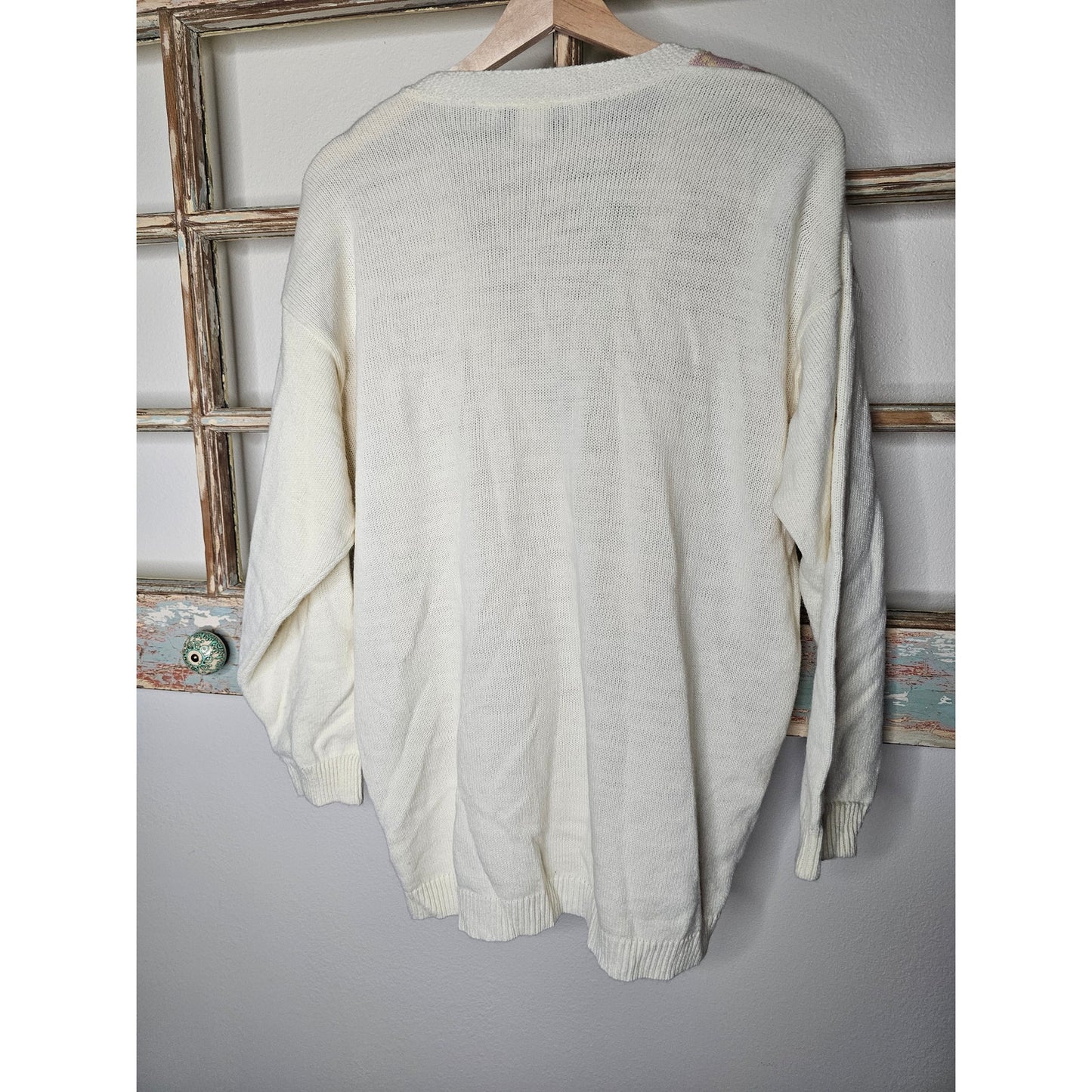 Vintage Button Up Cream Cardigan W/ Pastel Linear Design size Medium