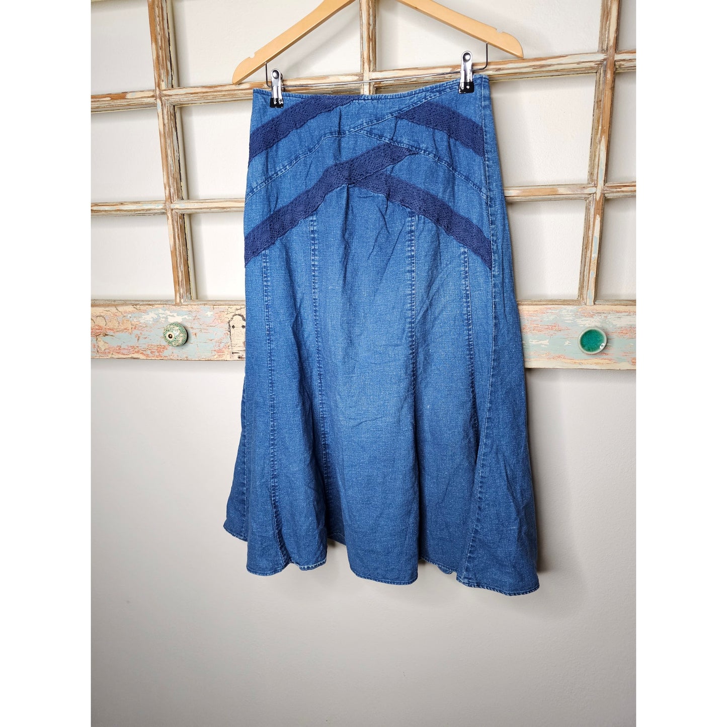 Vintage Blue Denim Prairie Skirt with Crochet Accents Ladies size 6