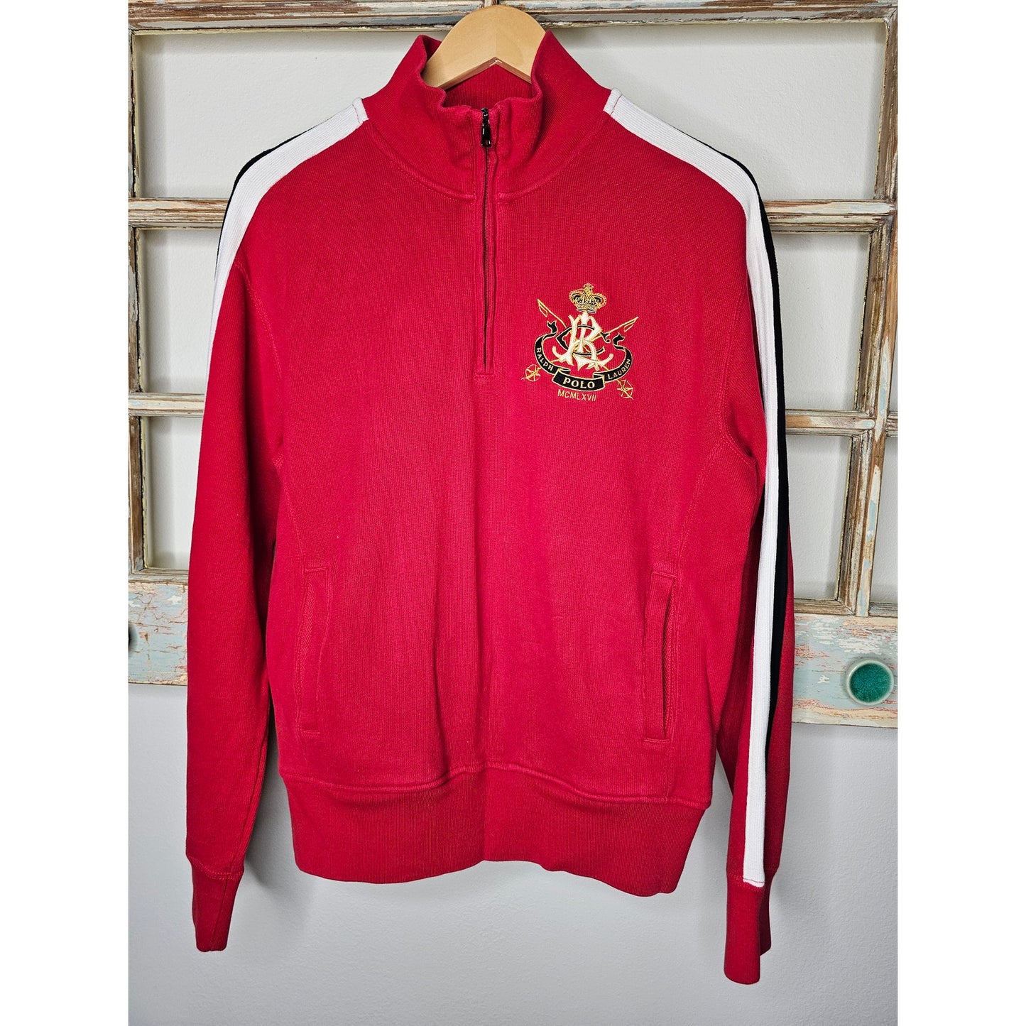 Polo Ralph Lauren Pullover 1/4 zip with crest Red, Cream, Black Ladies Medium
