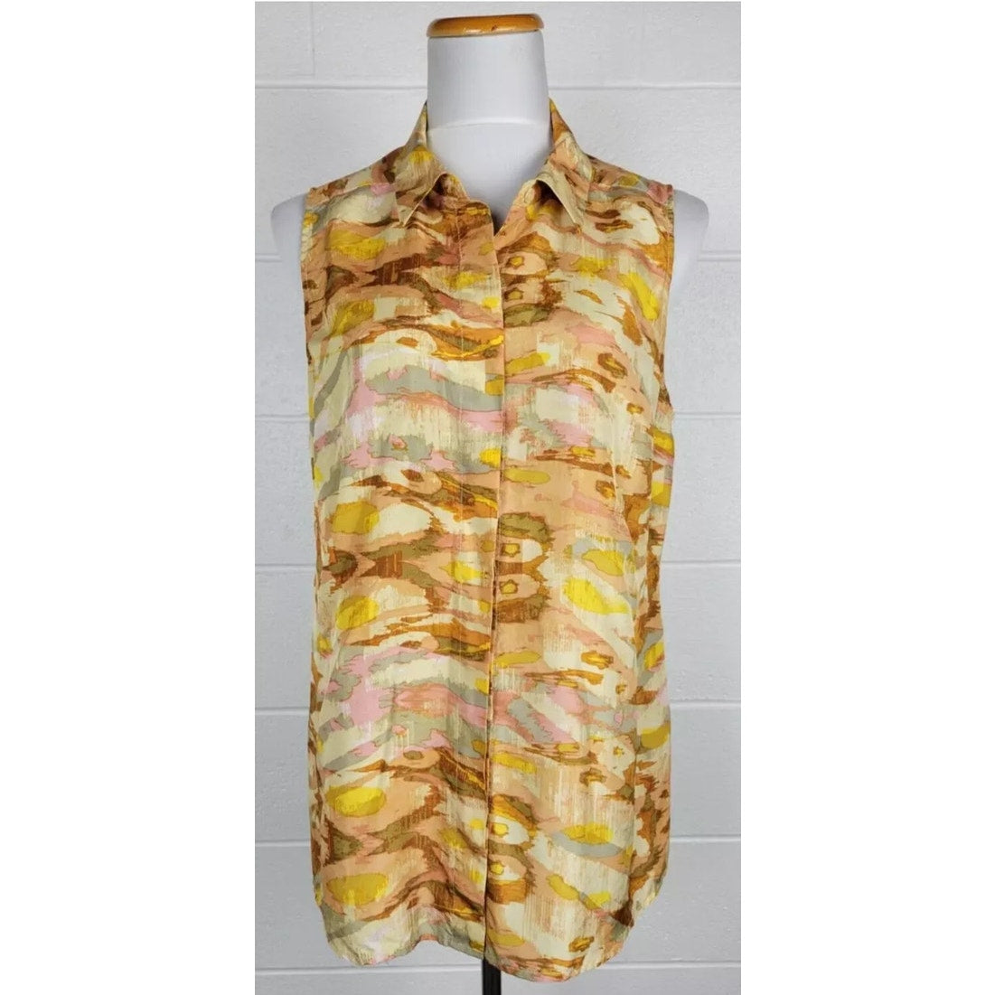 Pendleton 100% Silk Yellow/Pink Camo Button up Sleeveless Top Size Small