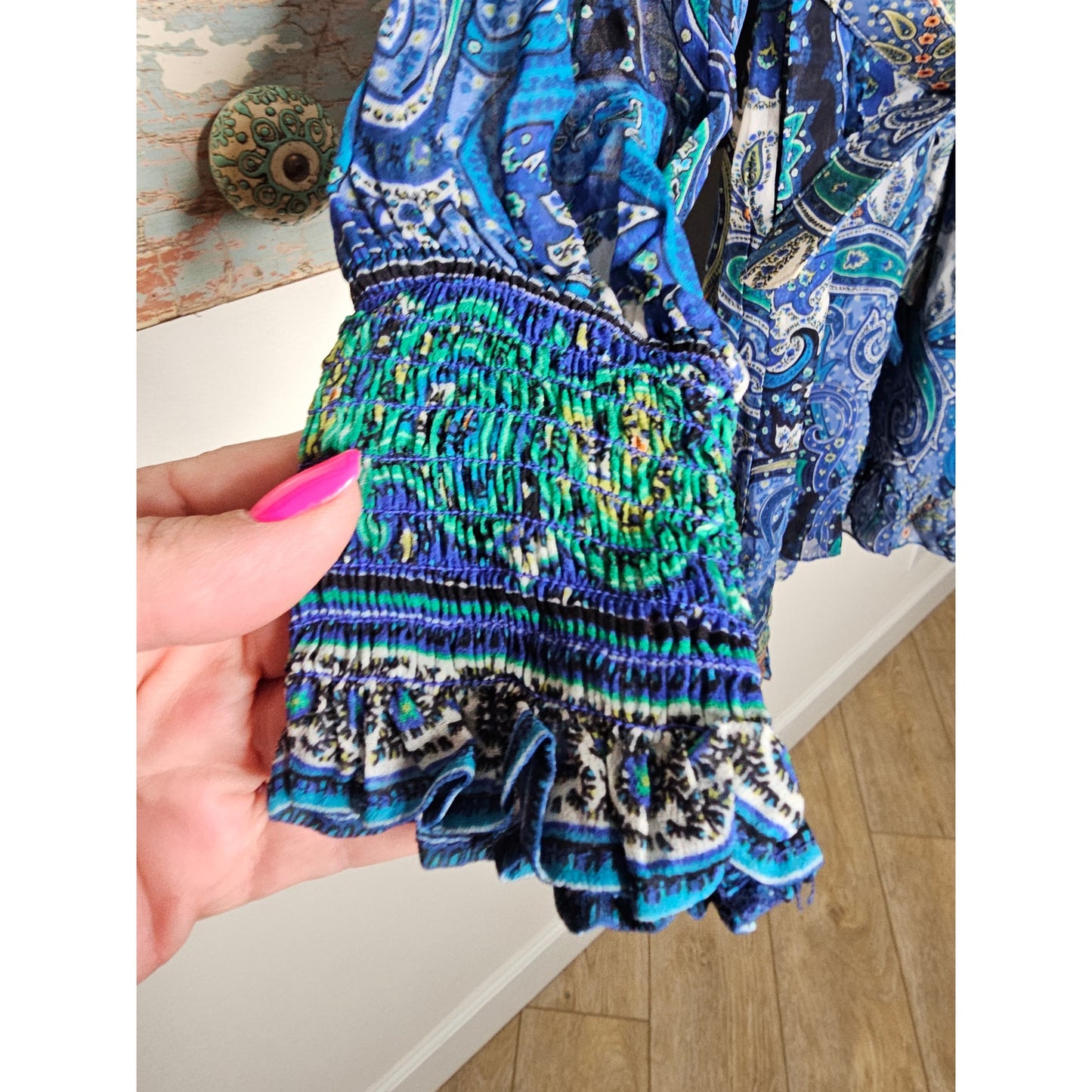 NWT Hale Bob Paisley Blue lightweight Dress Sheer long Sleeves ladies size XS