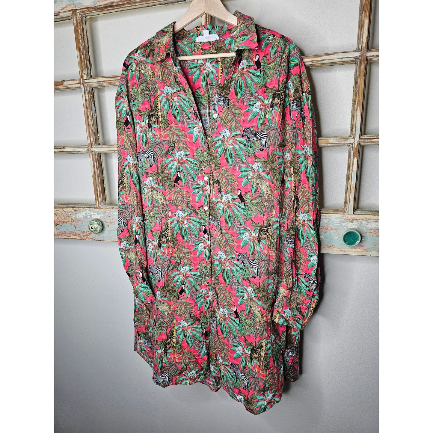 Jane & Delancey Jungle Safari Rain Forest Long Button Up Ladies size Large