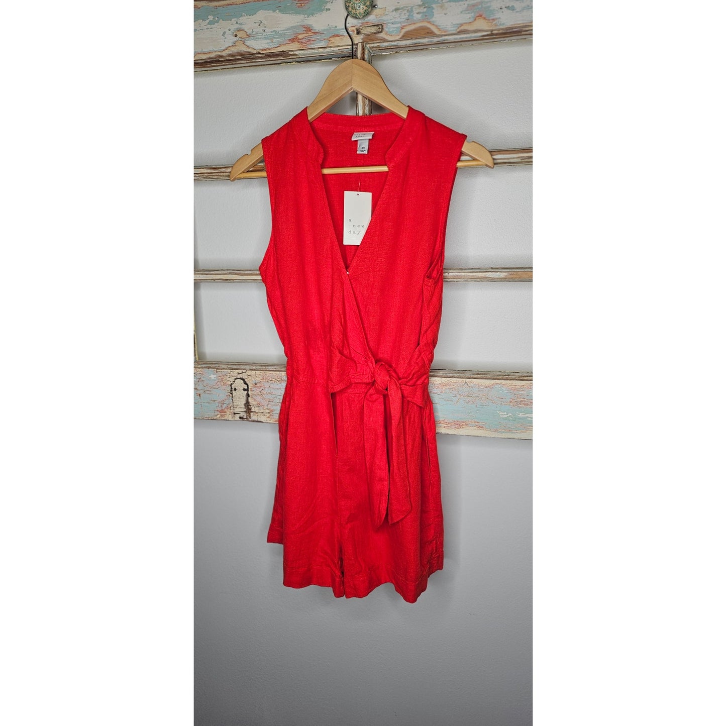NWT Red Linen Blend Short Romper W/ Side Tie Ladies size XS