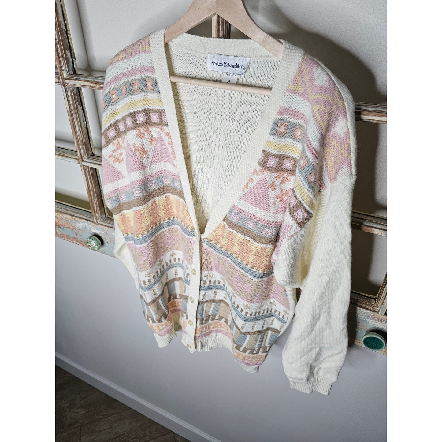 Vintage Button Up Cream Cardigan W/ Pastel Linear Design size Medium