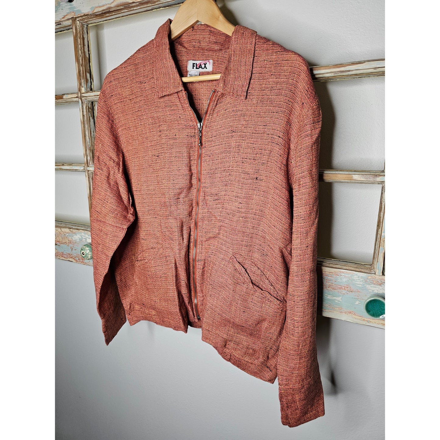Flax Linen Zip Up Collared Jacket with Front pockets in Coral Tweed Size Small
