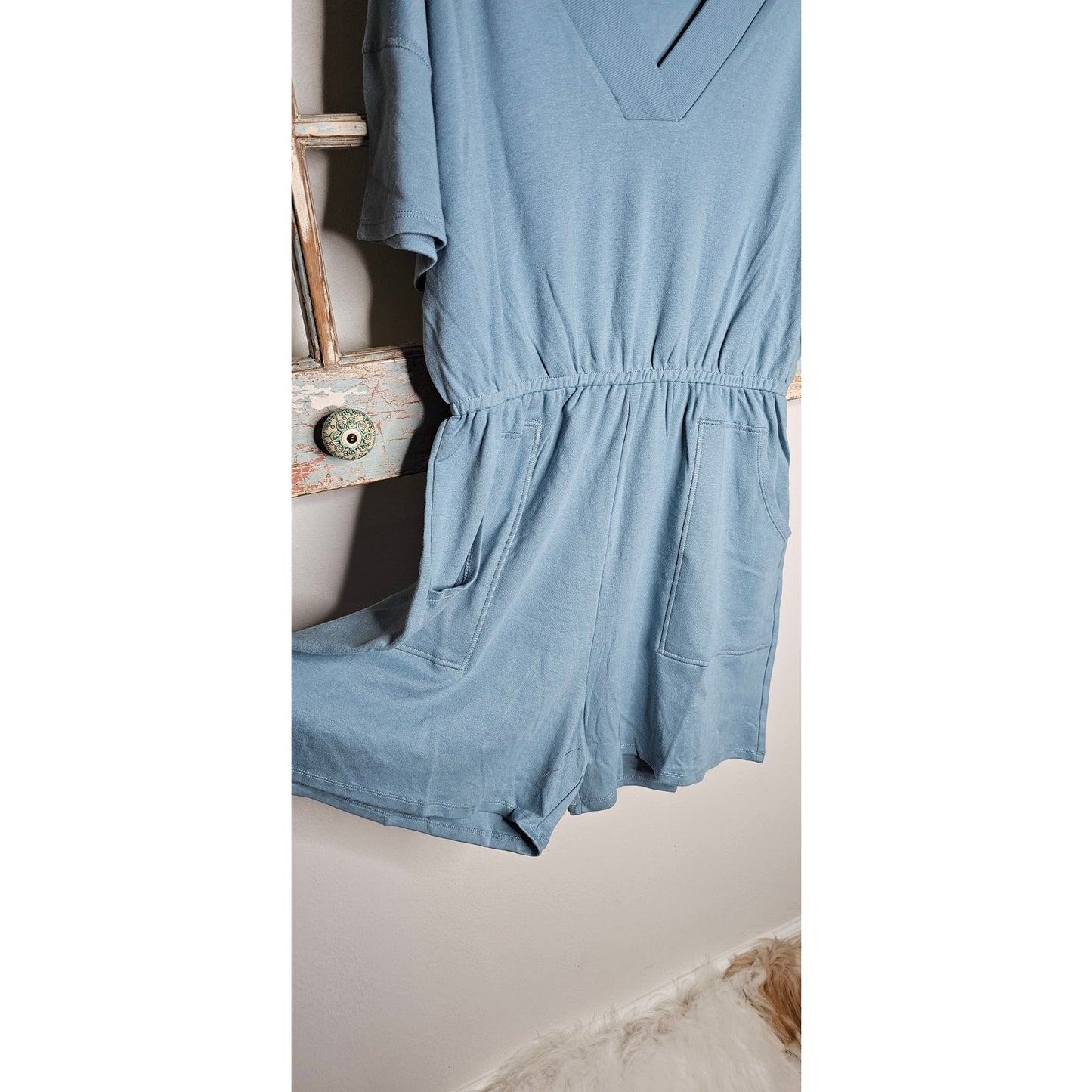 NWT Zenana Drop Shoulder Blue V-neck Short romper with pockets size 1x 14/16