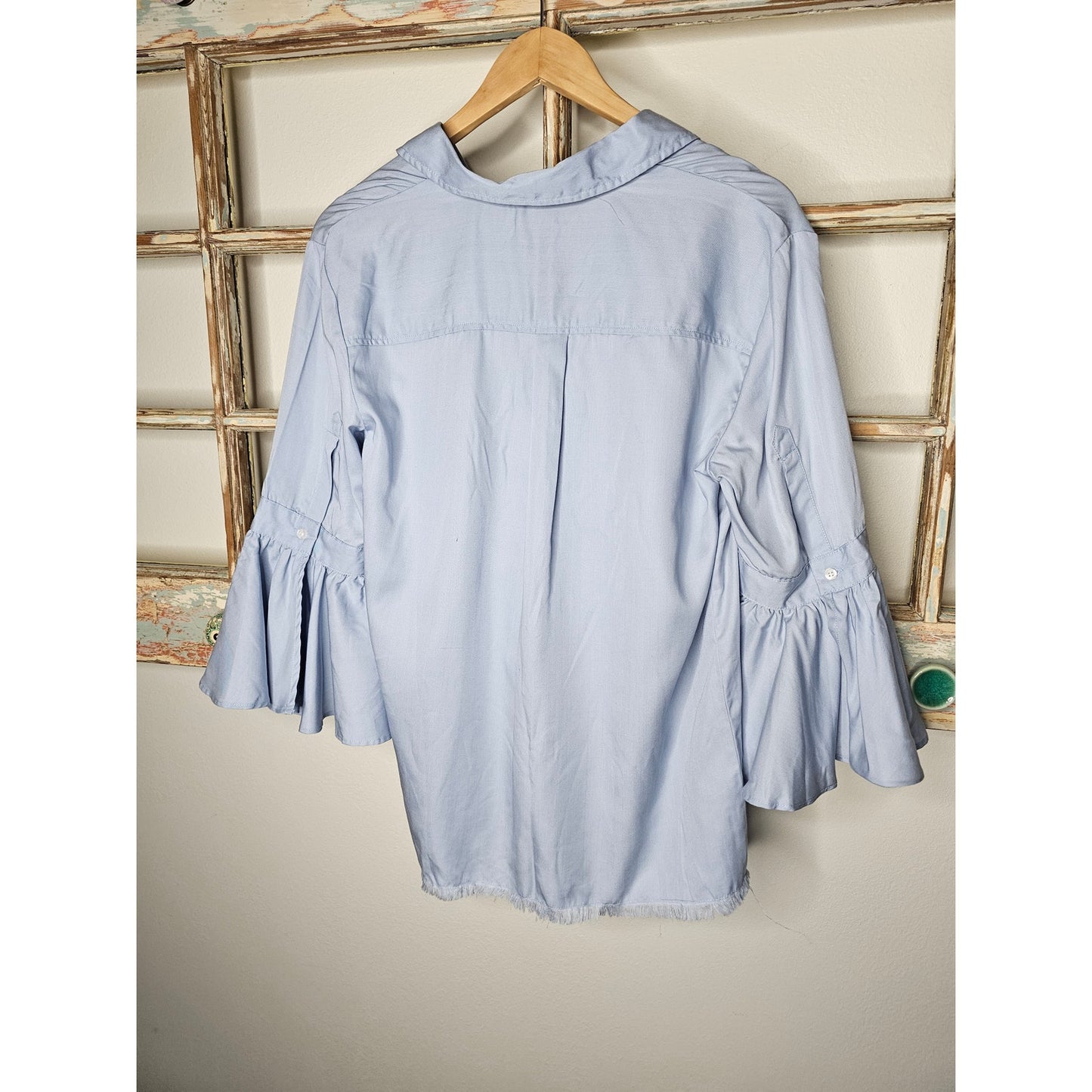 Marc New York Collared Button Up Blue Top 3/4 Bell Sleeves Size Medium