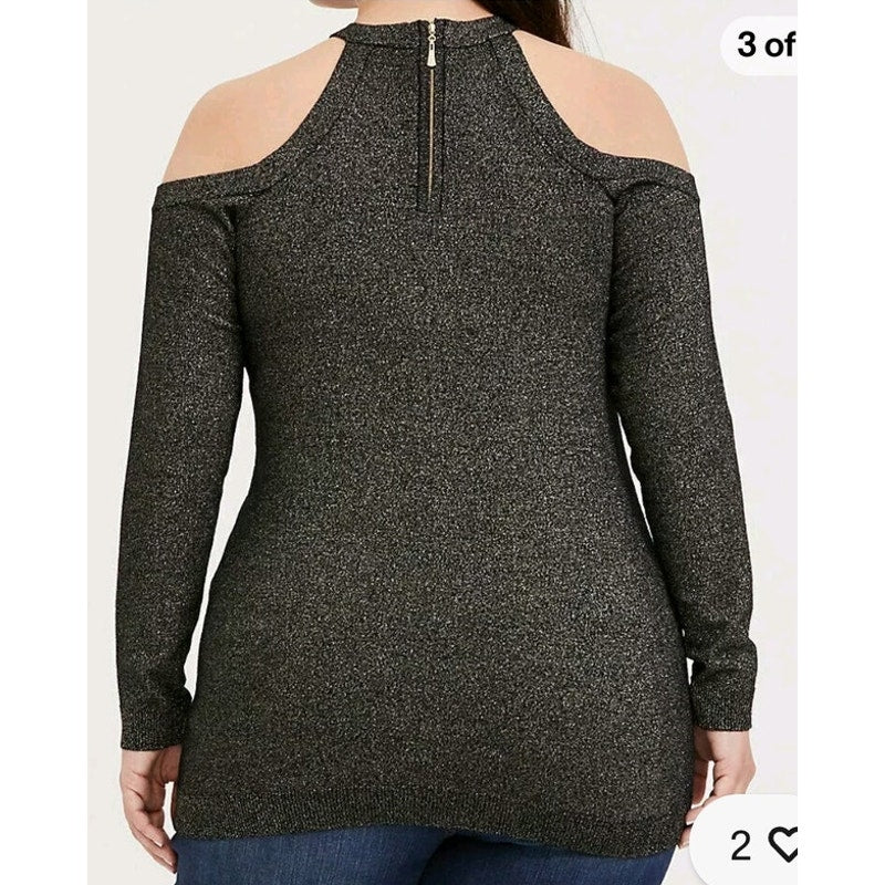 NWOT Torrid Size 2 18/20 Black & Gold Metallic Cold Shoulder Sweater