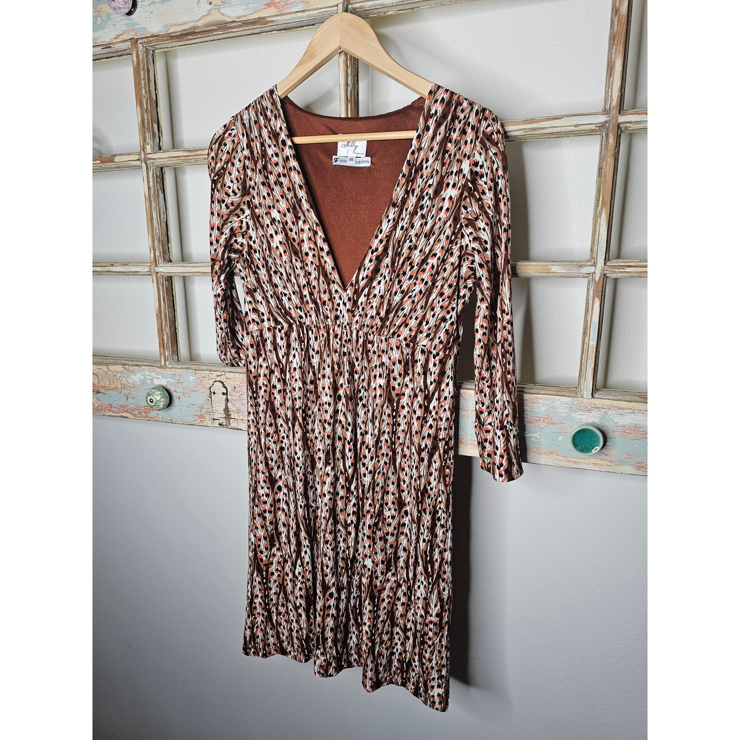 Vintage Milly Lined Mini Dress In a Brown Retro Print Size Medium