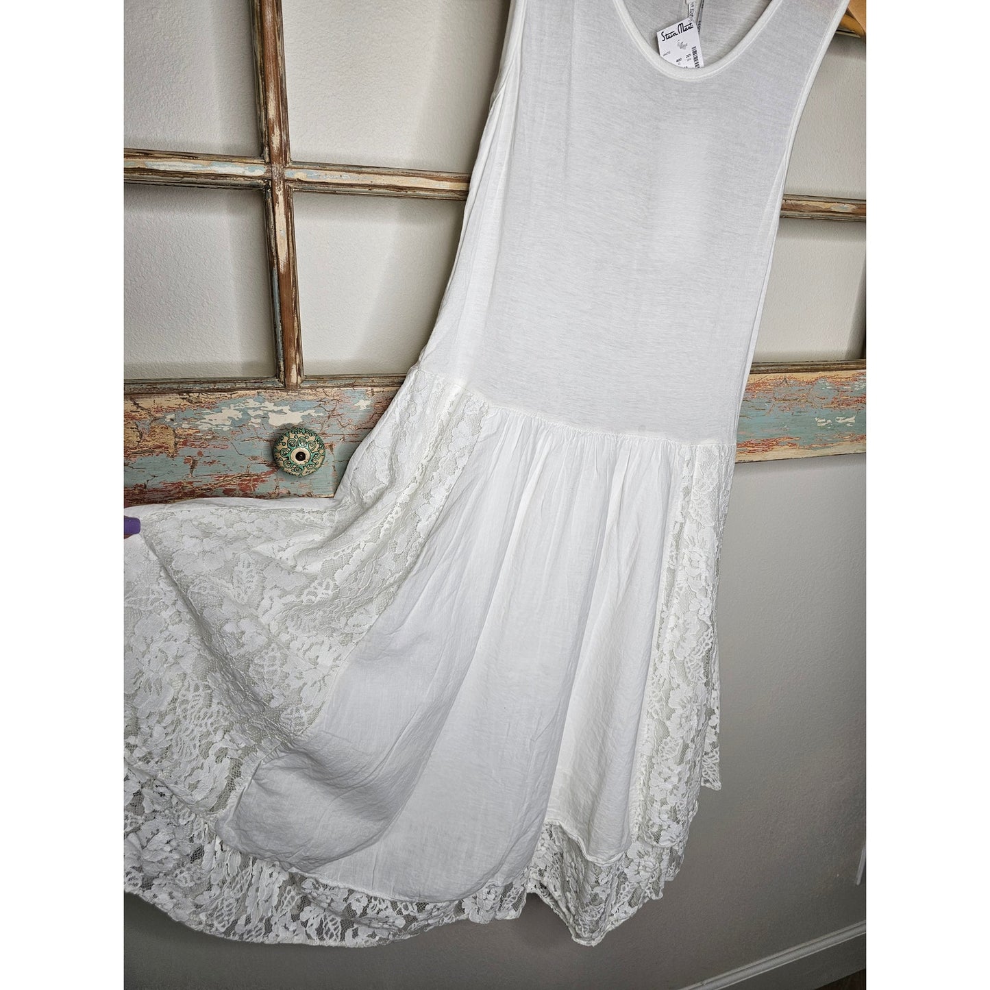 NWT Vasna Italian Made White Midi Dress with Lace ladies size Large