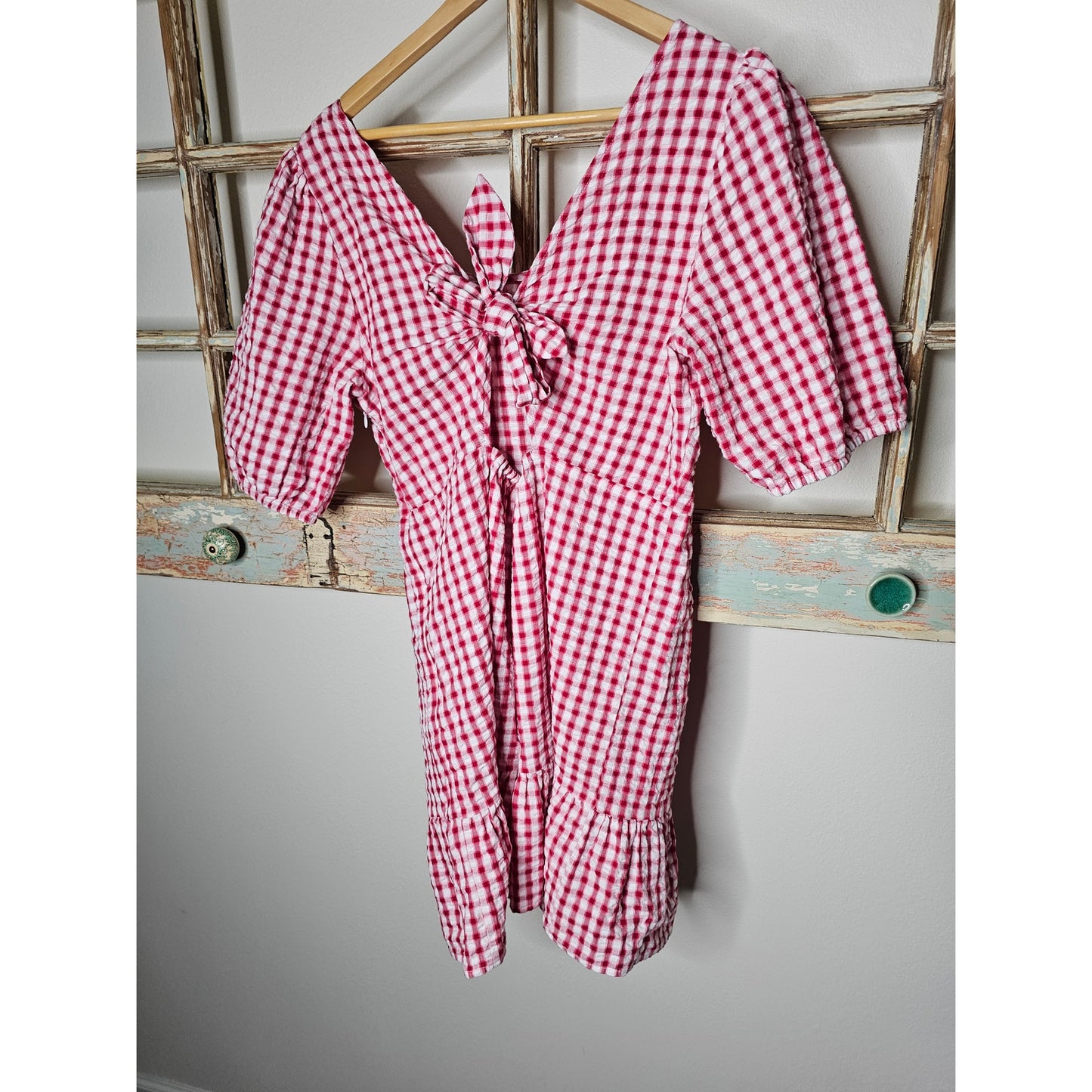 Gingham Red/White Tie Back Flounce Swing Dress Ladies size 12