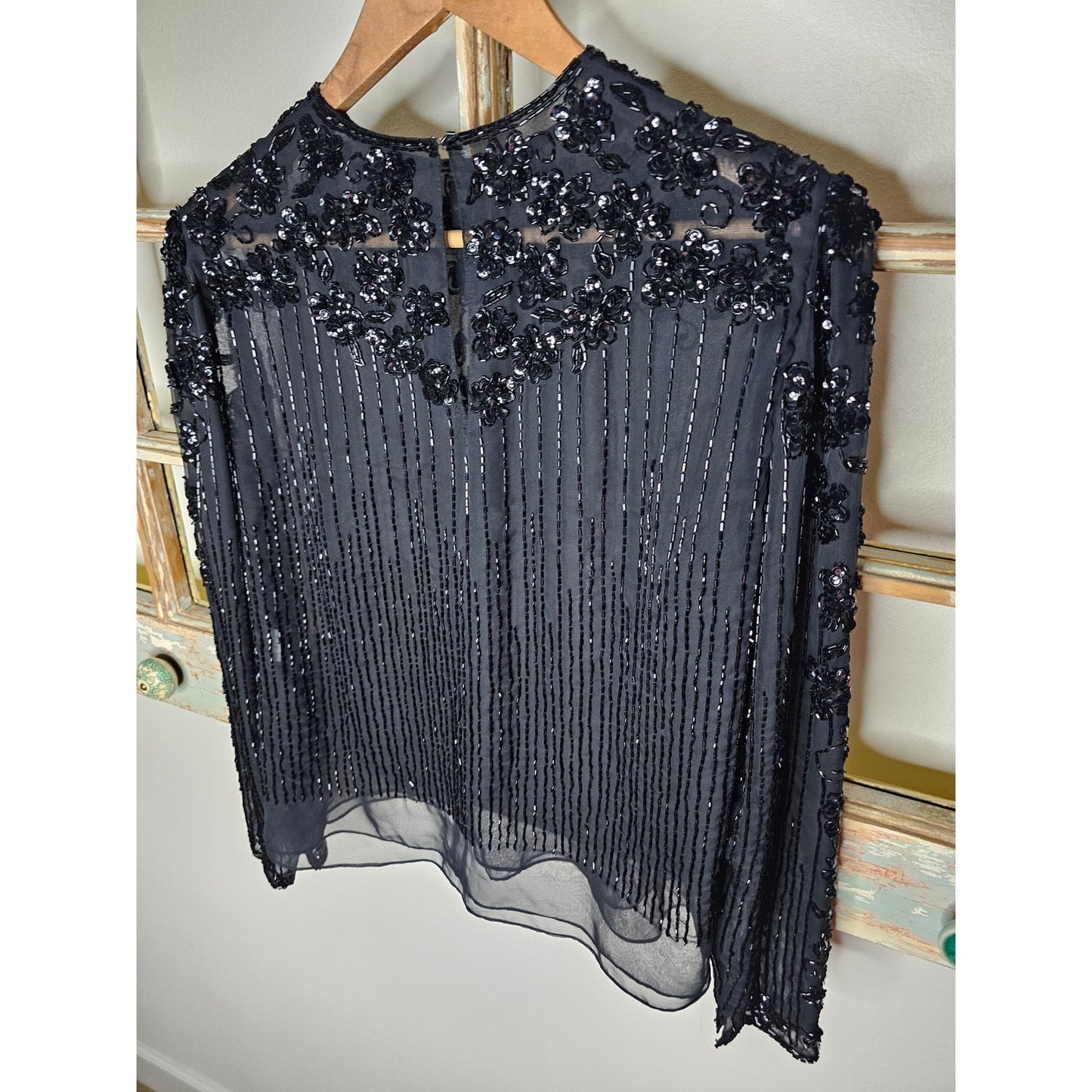 Vintage Black Beaded Long Sleeve Lined Blouse Ladies Size 12