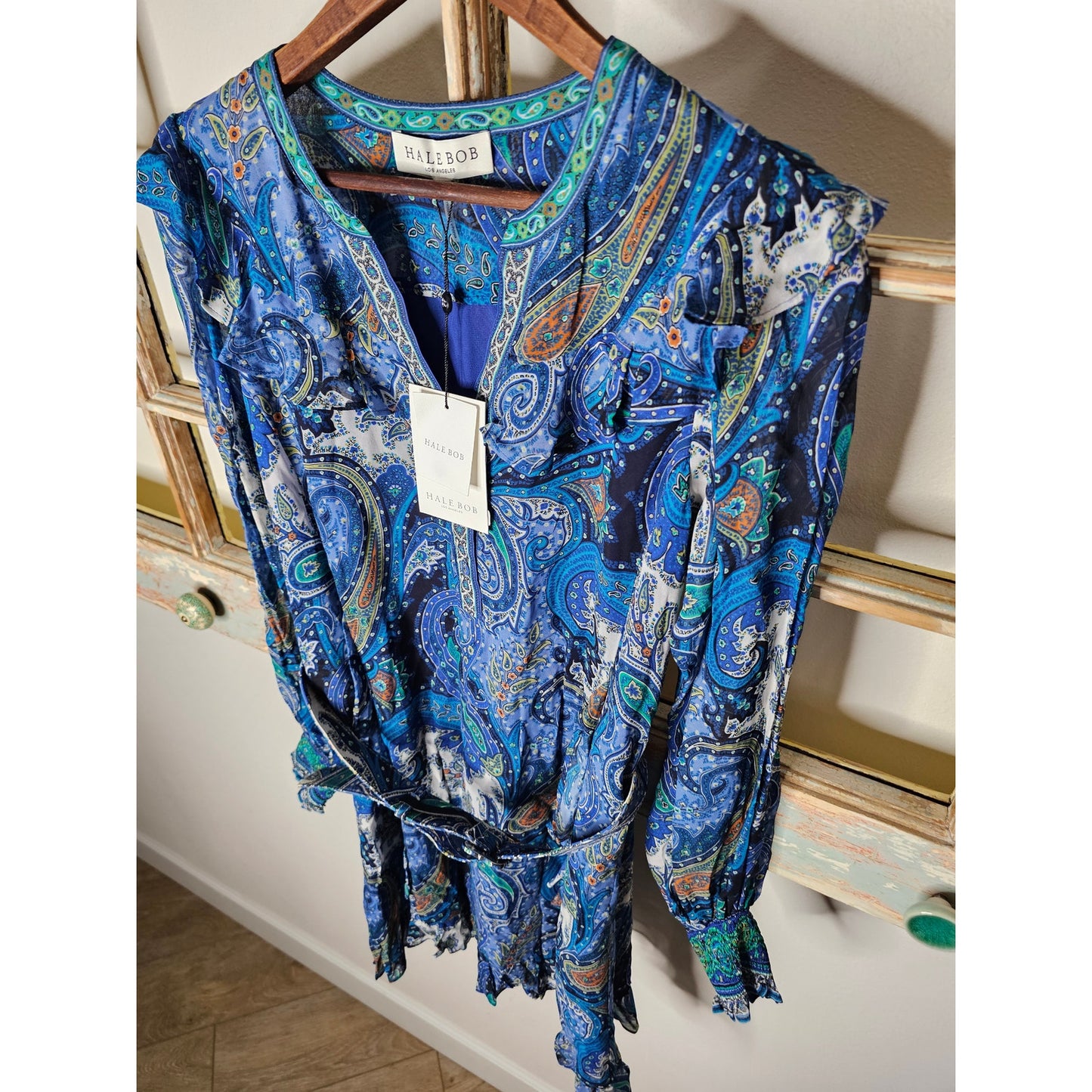 NWT Hale Bob Paisley Blue lightweight Dress Sheer long Sleeves ladies size XS