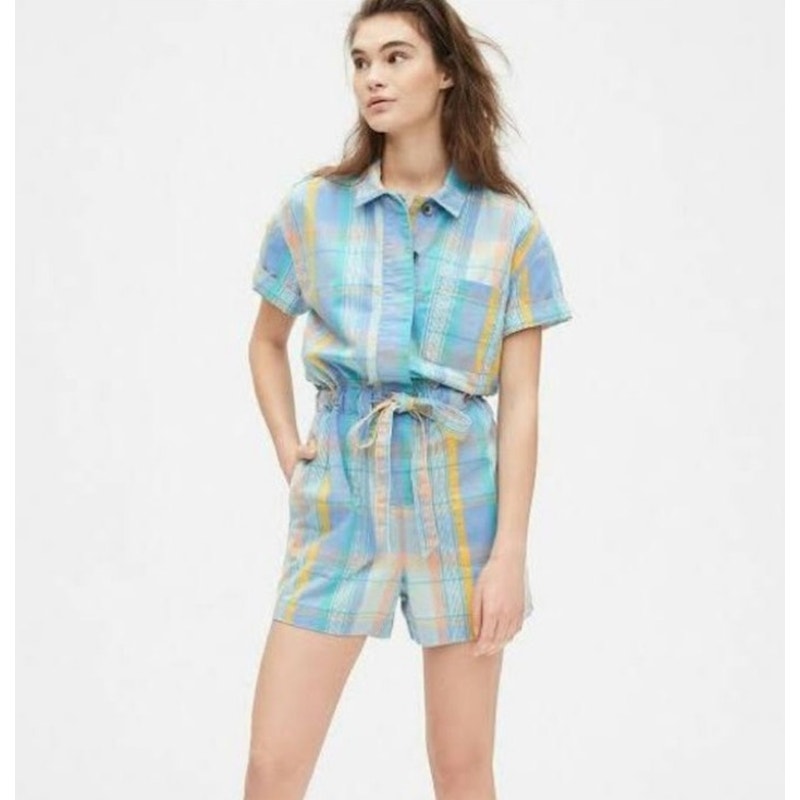 Gap Plaid 100% Cotton Romper with belted waist size 12