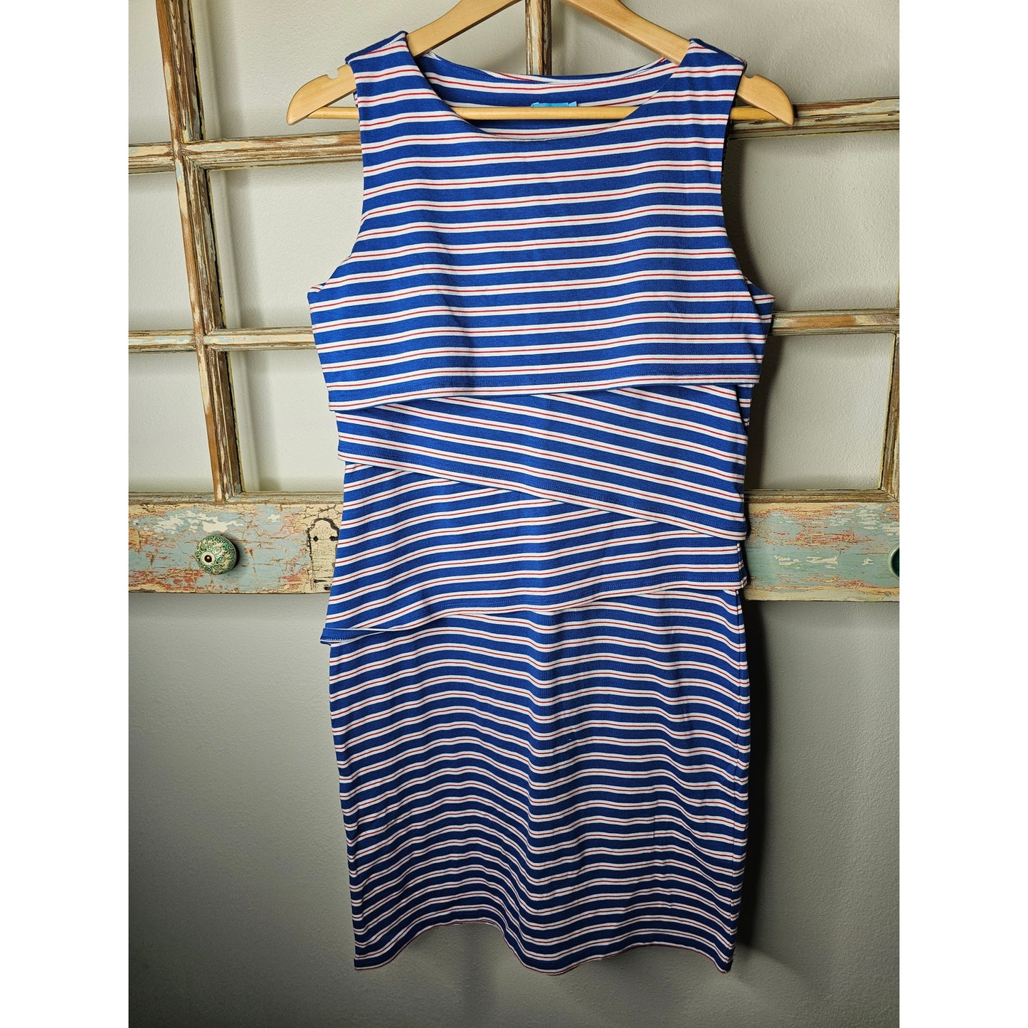 J. Mclaughlin Red/White/Blue Striped Nicola Tiered Sleeveless dress size Medium