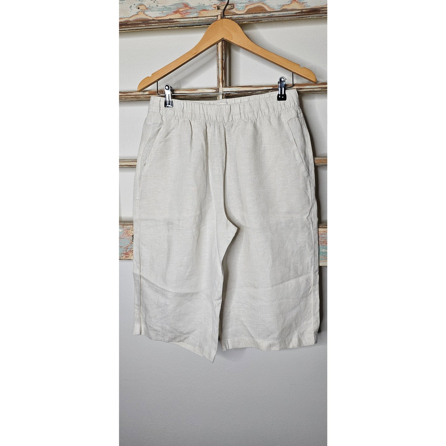 Ivory Linen Elastic Waist Pull On Relaxed Long Short Ladies size meidum