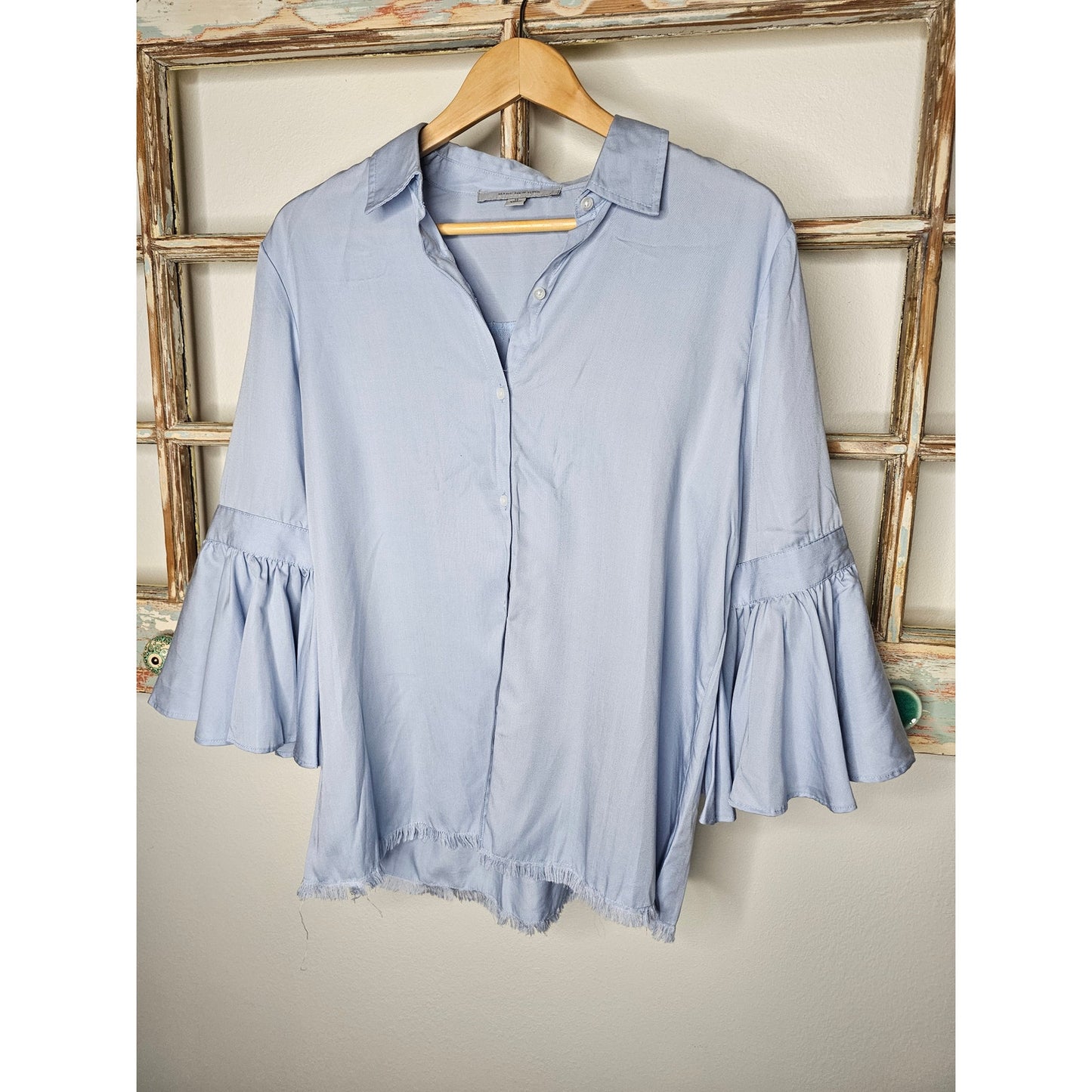 Marc New York Collared Button Up Blue Top 3/4 Bell Sleeves Size Medium
