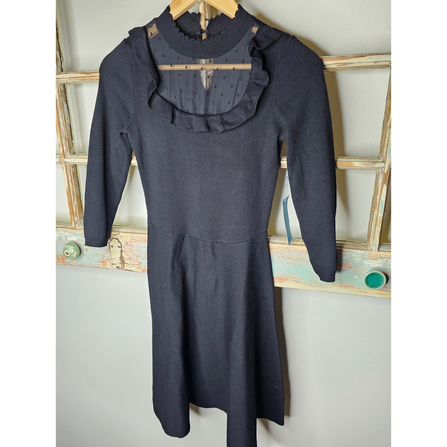 NWT Draper James Black Dress w/ Ruffle Bib neckline & polka dot lace size XS
