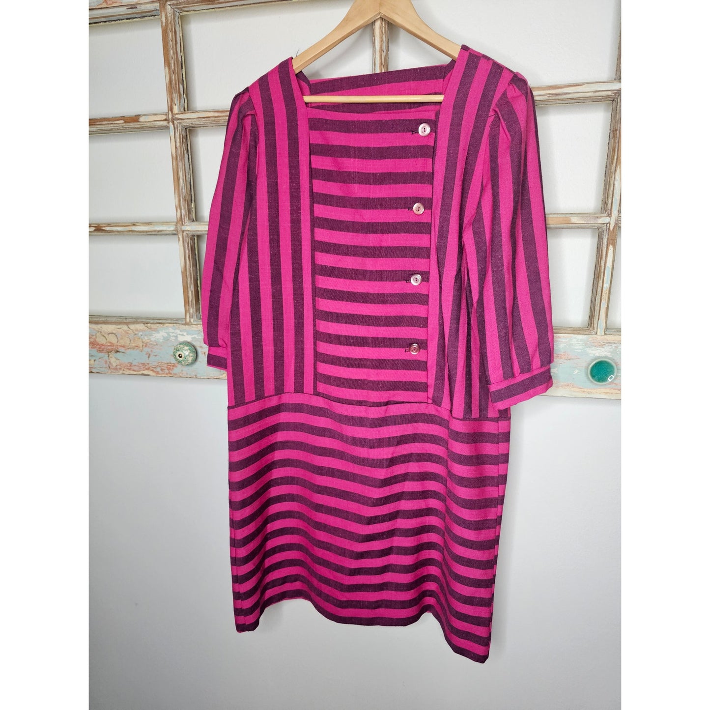 Vintage Pink/Maroon Striped 3/4 Sleeves square neck Ladies size Large