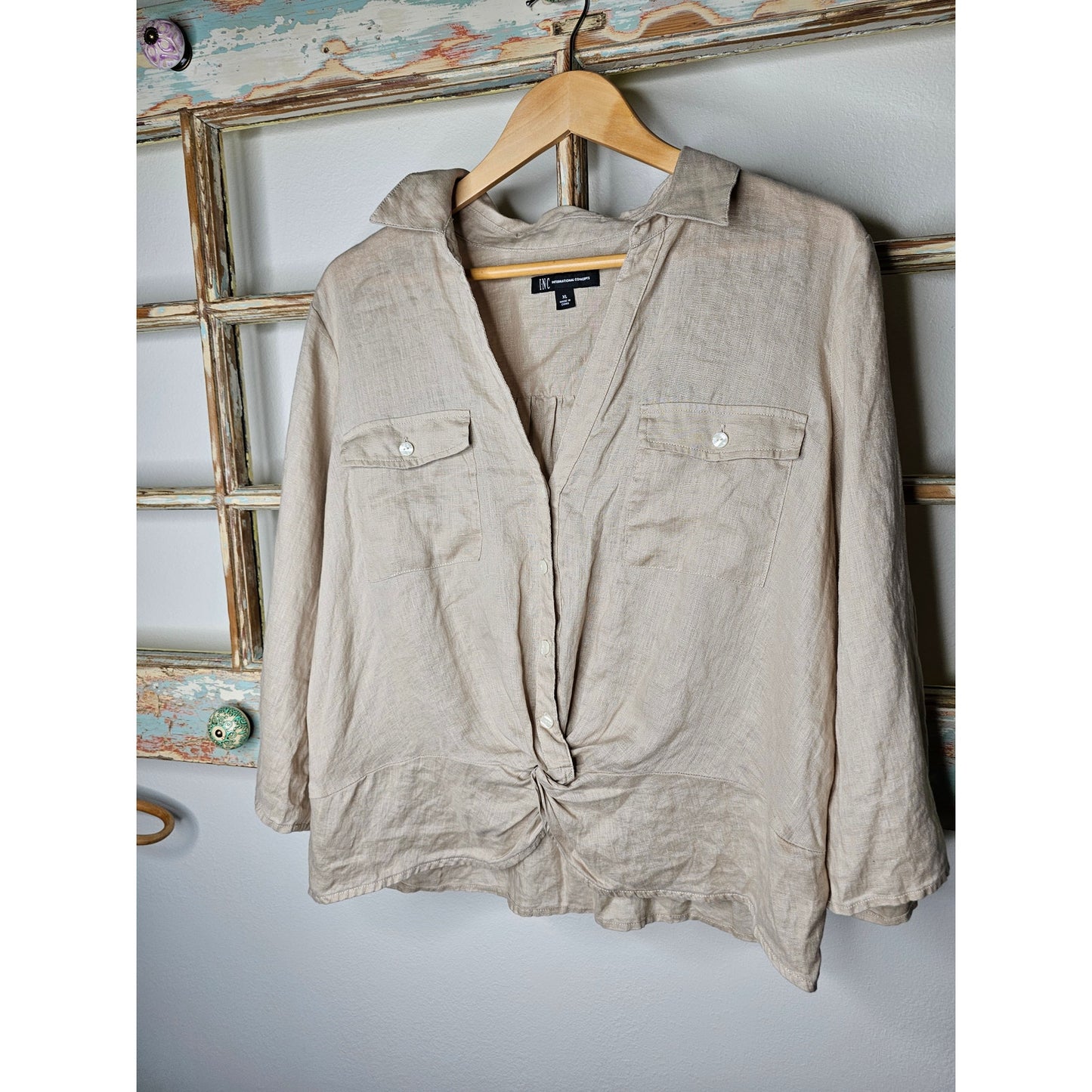 Linen INC Tan 3/4 Sleeve Twisted front At Waist Ladies Size XL