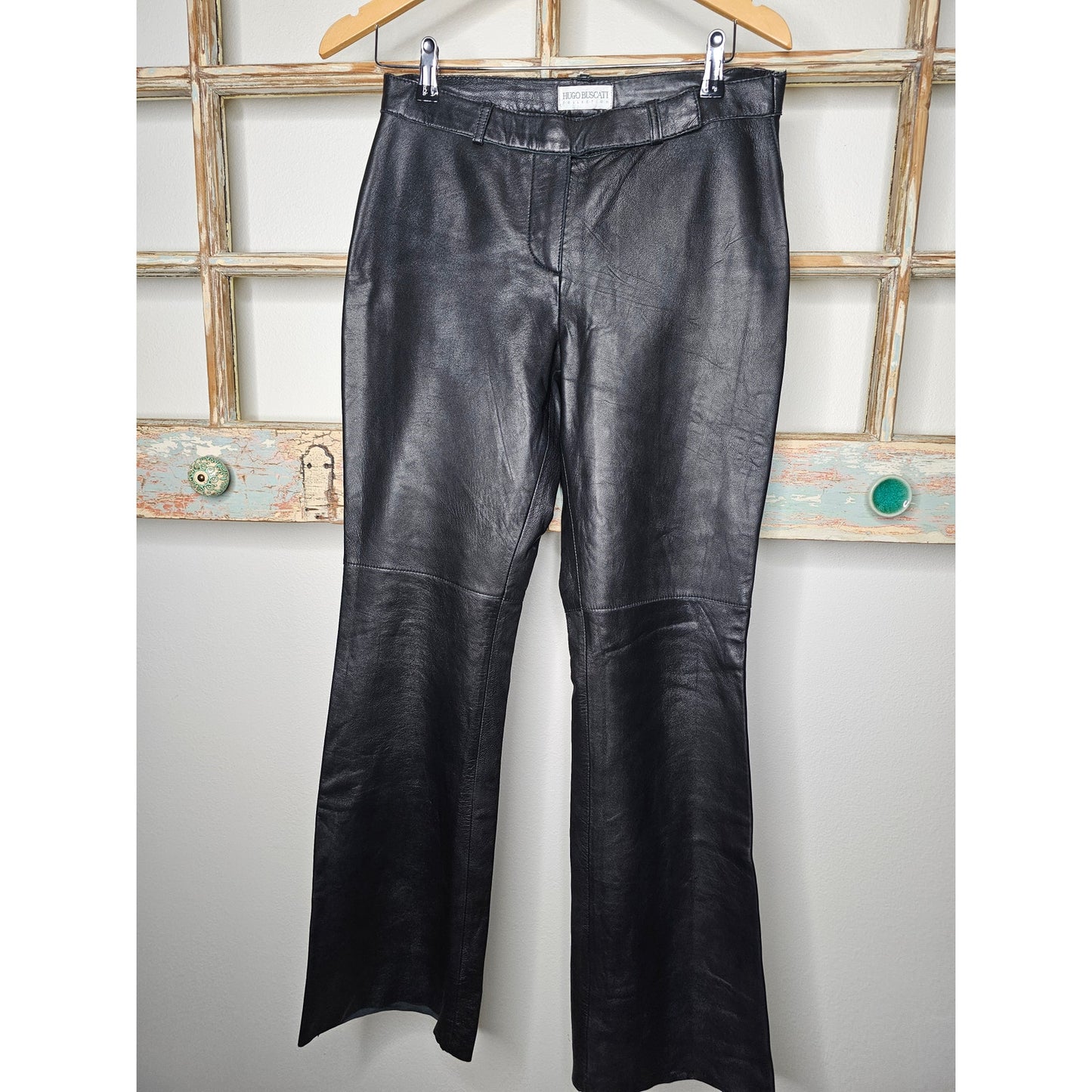 Hugo Buscati Black Leather Straight Leg Pants Motorcycle, riding, biker chic Size 8