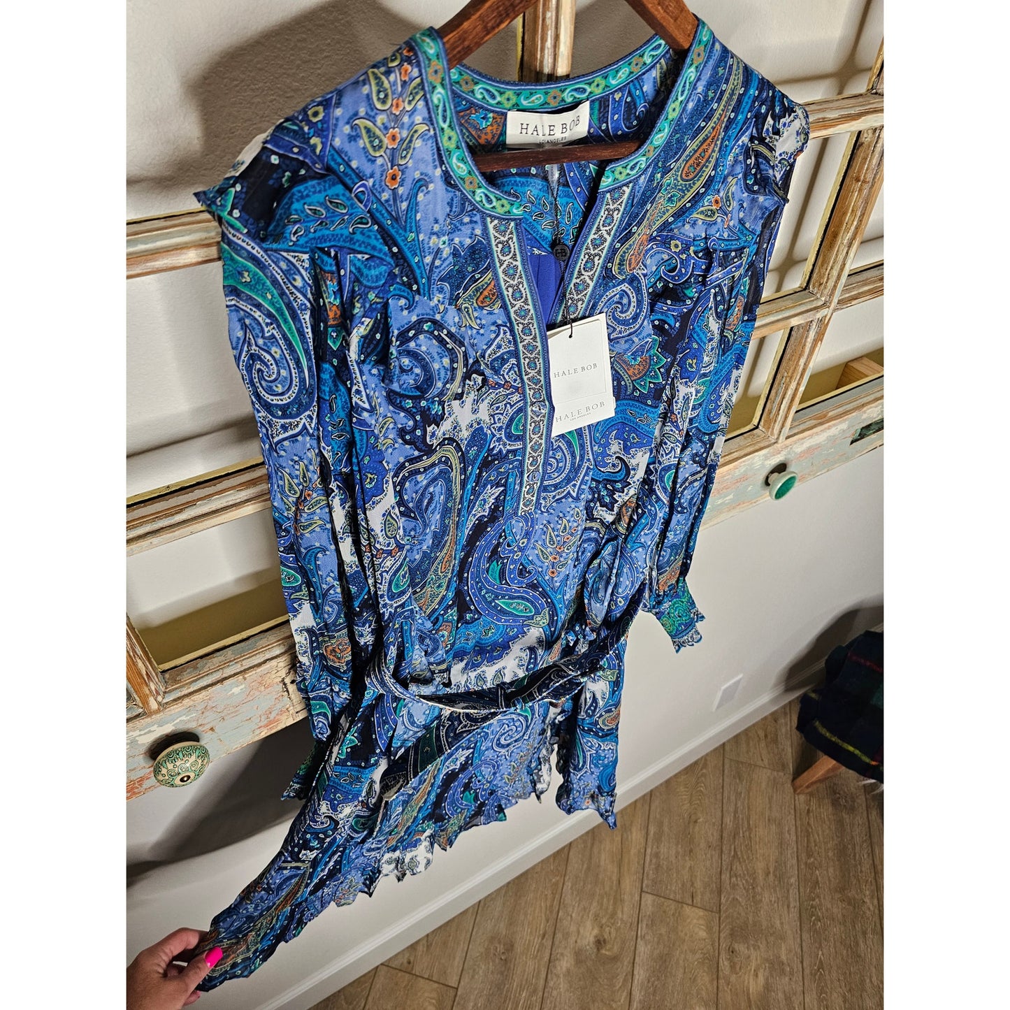 NWT Hale Bob Paisley Blue lightweight Dress Sheer long Sleeves ladies size XS