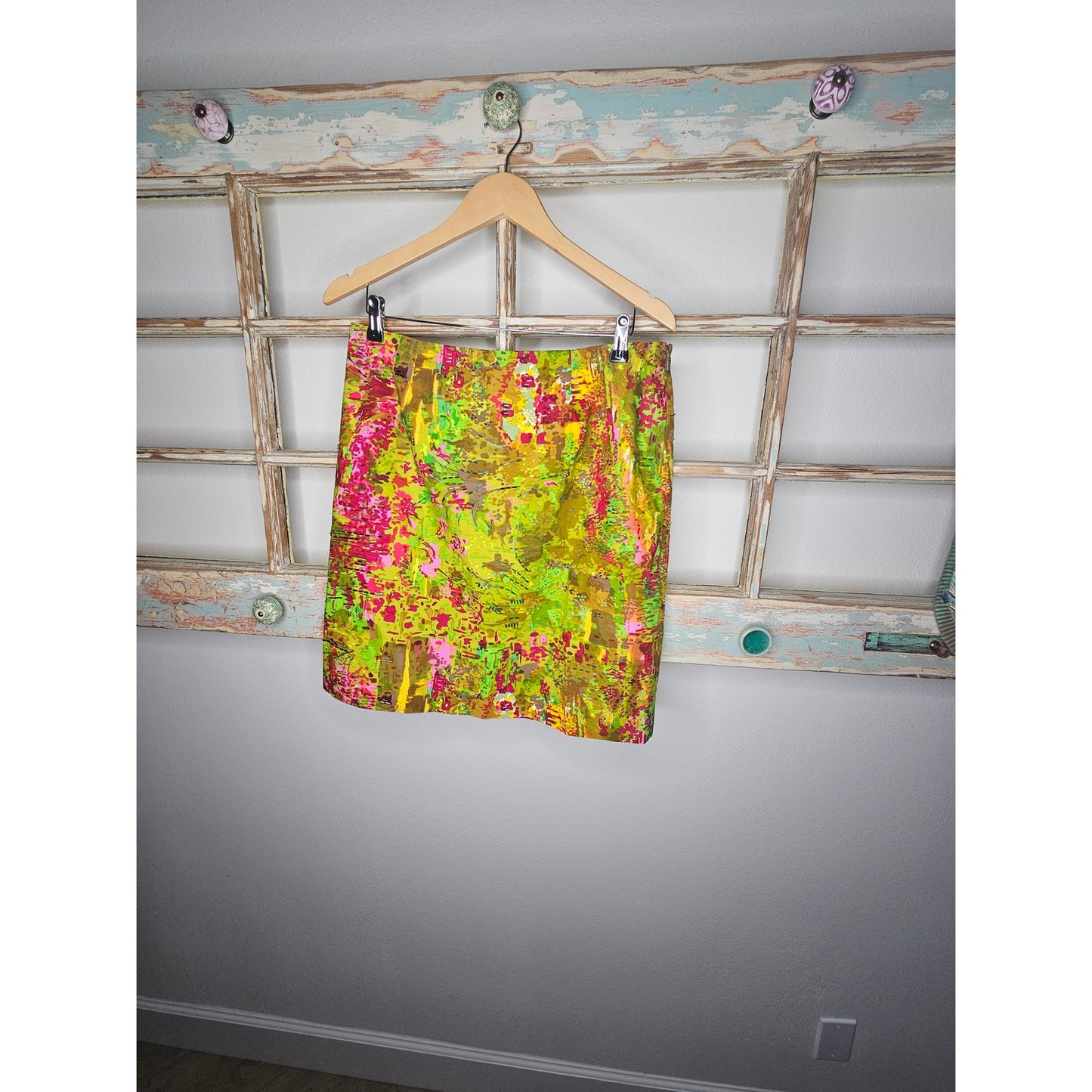 Etcetera Lined Abstract Skirt Womens Size 12 Green Multi Beaded Pencil
