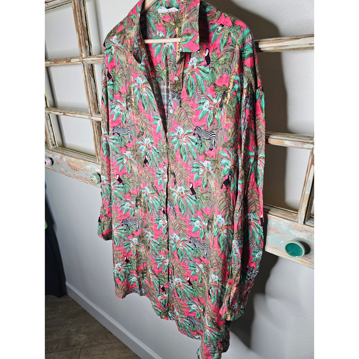 Jane & Delancey Jungle Safari Rain Forest Long Button Up Ladies size Large