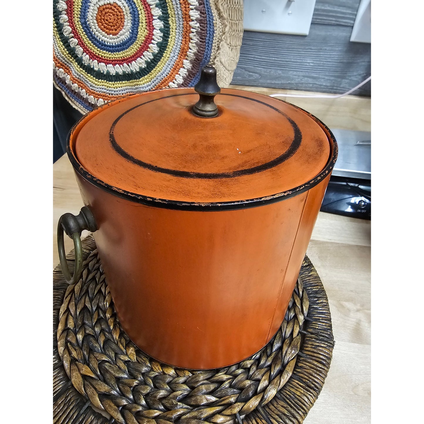 Vintage Cinnabar orange With black Wash/Trim Ice bucket Brass accents