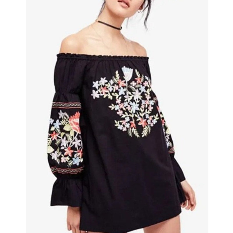 Free People Boho Off The Shoulder Black Embroidered Dress ladies size small