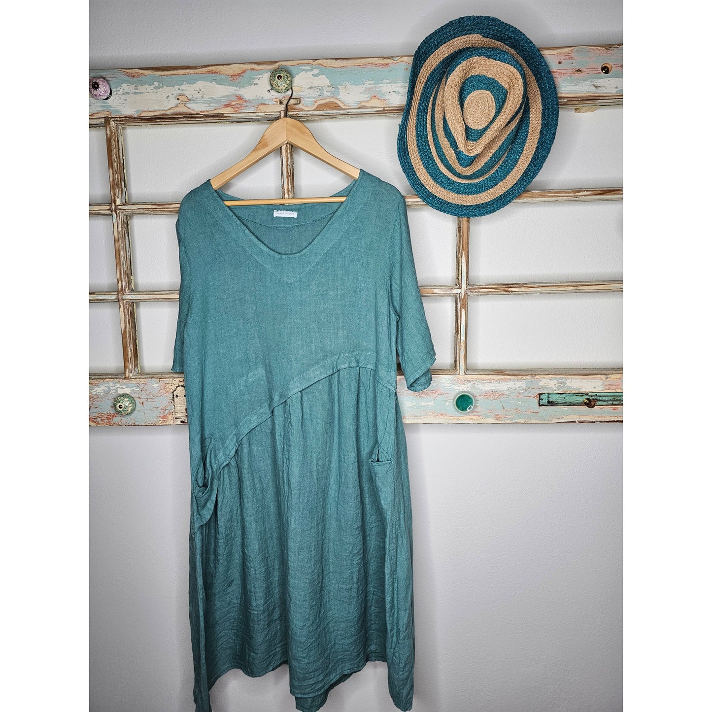 Linen Italian Made Blue/Green Dress Ladies Size Medium