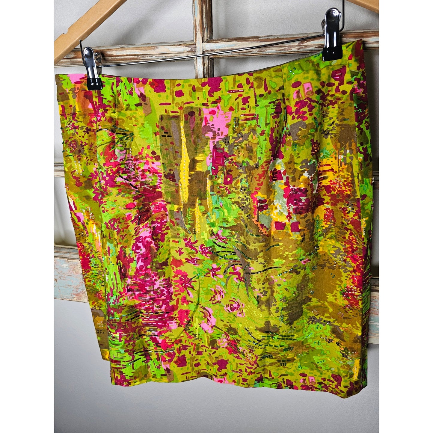 Etcetera Lined Abstract Skirt Womens Size 12 Green Multi Beaded Pencil
