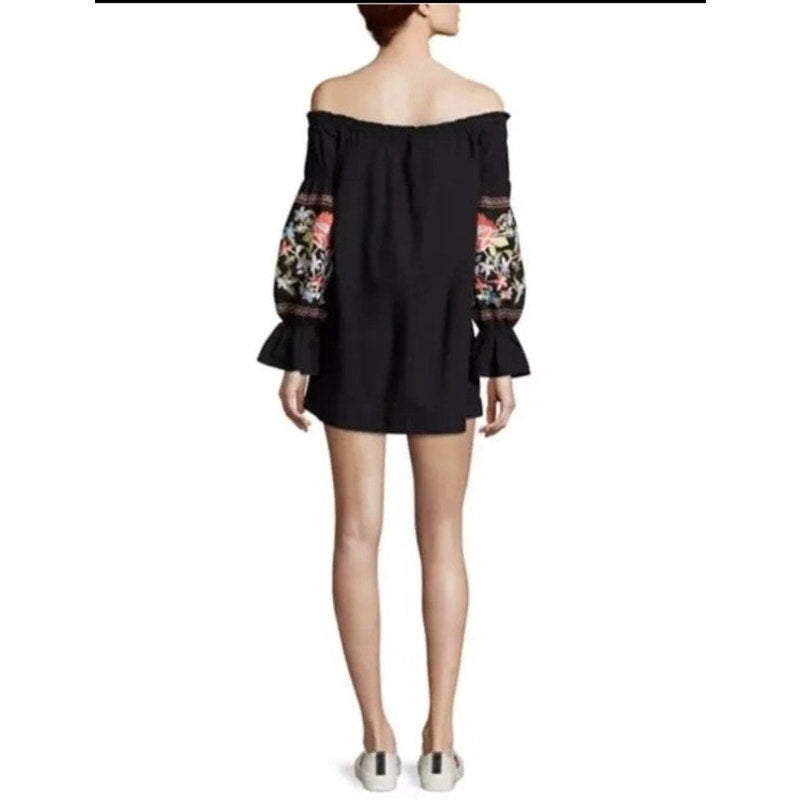 Free People Boho Off The Shoulder Black Embroidered Dress ladies size small