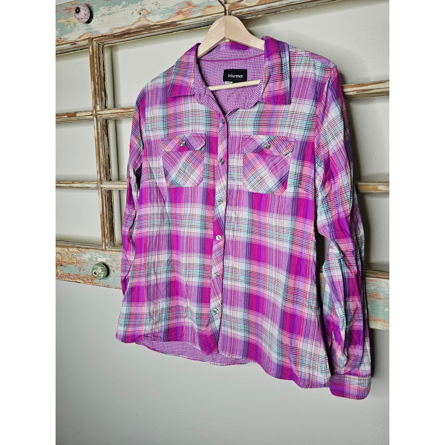 Marmot Magenta Plaid Button Up Long Sleeve Top Ladies size Large