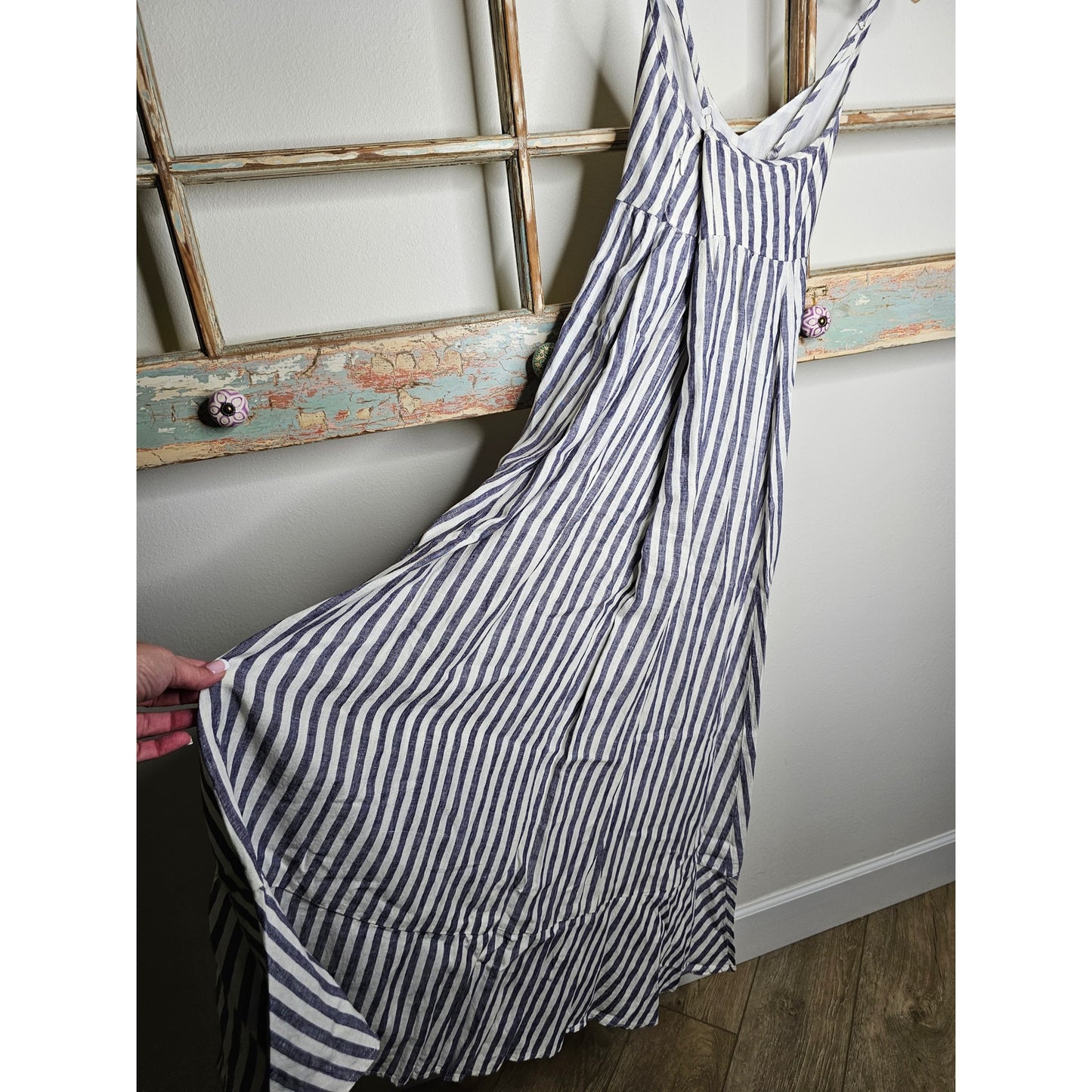 Linen Antibes Blanc Ladies Lined Striped Tiered Midi Dress Ladies Size 6