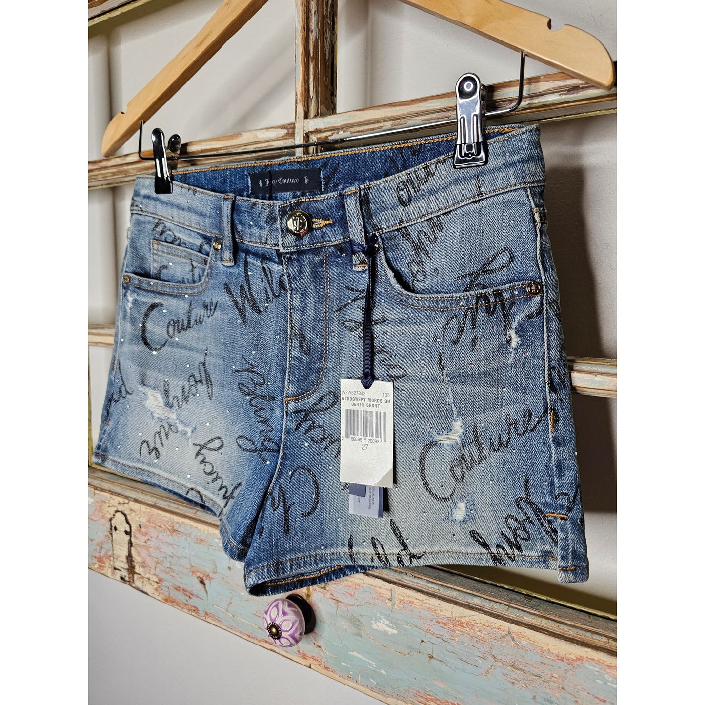 NWT Juicy couture Mid Rise Crystals & Graffiti Denim Shorts Ladies size 27