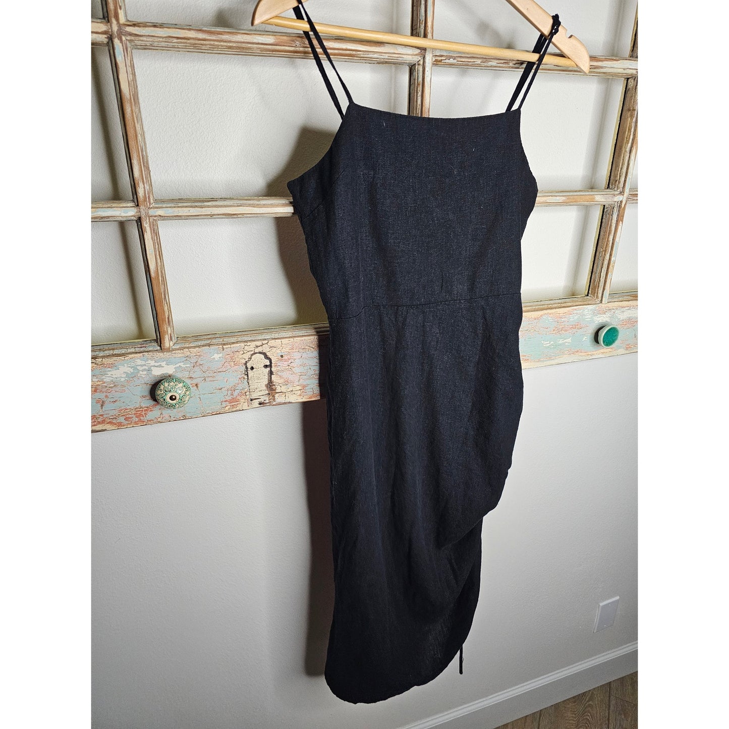 Linen Black Midi Dress with Spaghetti Straps and cinch Ladies size Large