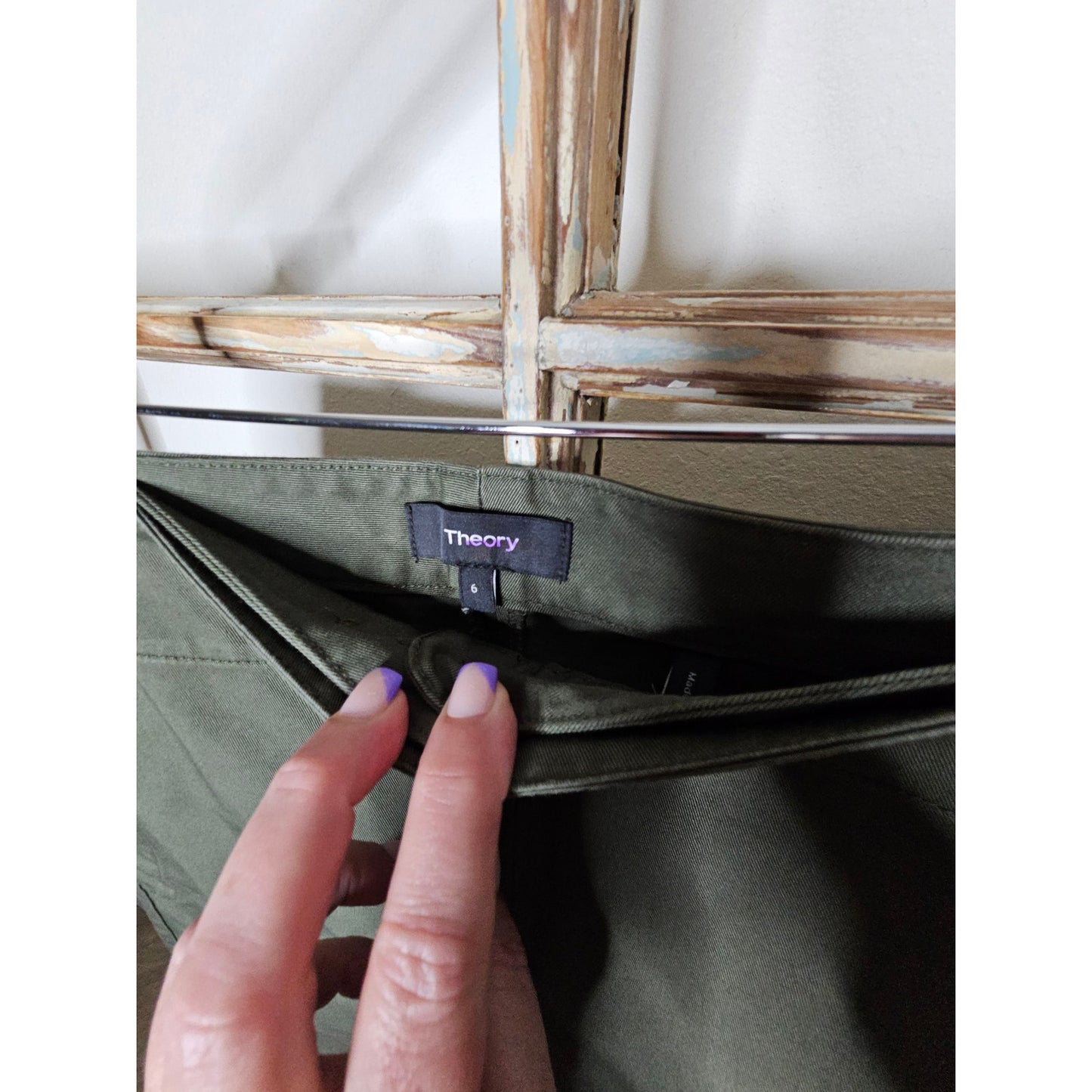 Theory Green Washed Sailor Button Wide Leg Chino's Size 6