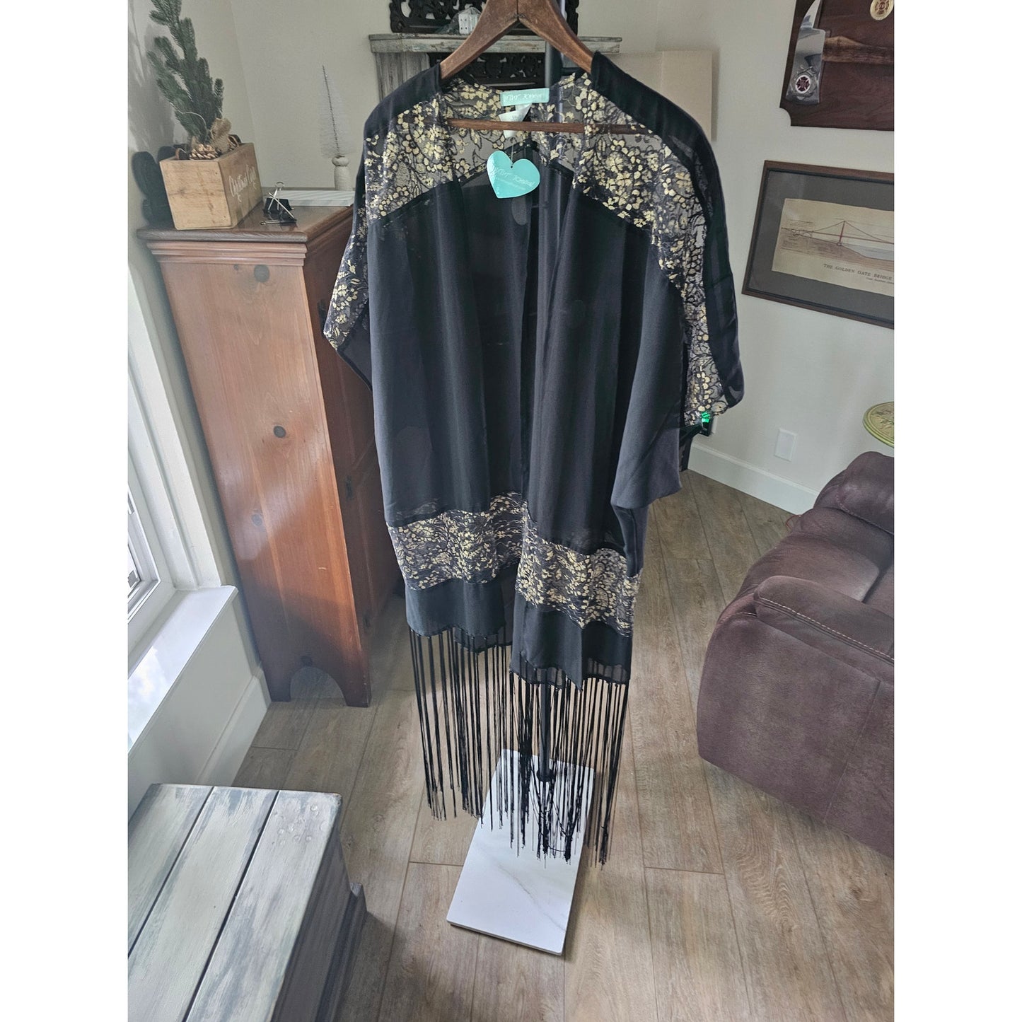 NWT Betsey Johnson black & gold Fringe Sheer Kimono ladies OSFM