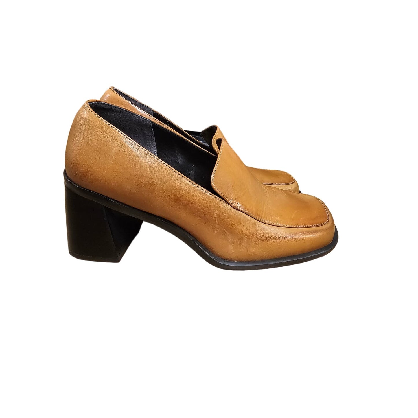 Saddle Leather Neutral Chunky Heel Loafers Ladies size 8 Made in Brazil