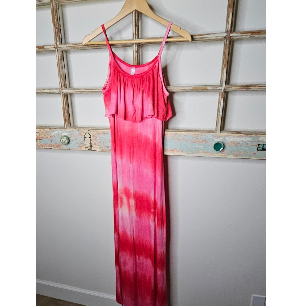 NWT White Mark Red/ Pink Tie Dye Spaghetti Strap Maxi Dress Size Large
