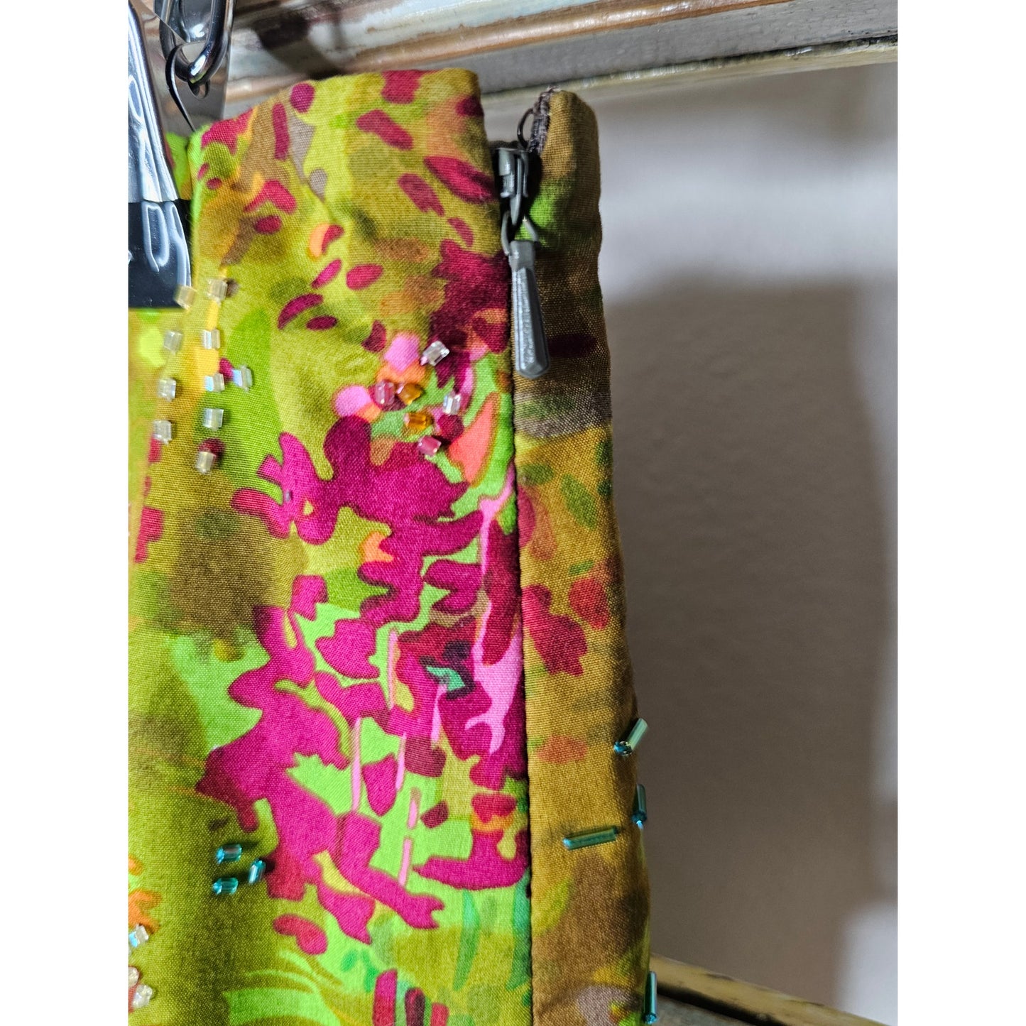 Etcetera Lined Abstract Skirt Womens Size 12 Green Multi Beaded Pencil