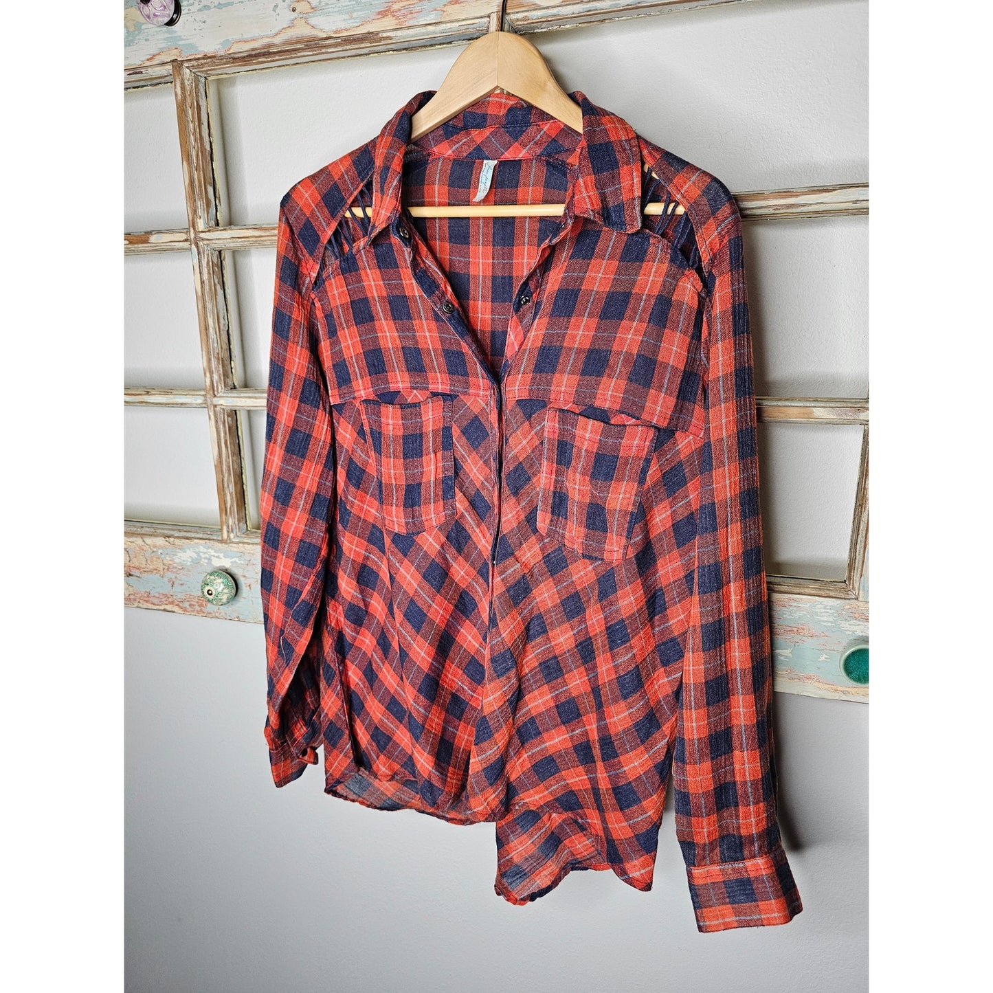 Free People Red/Blue Plaid Snap Up Top Ladies size Medium