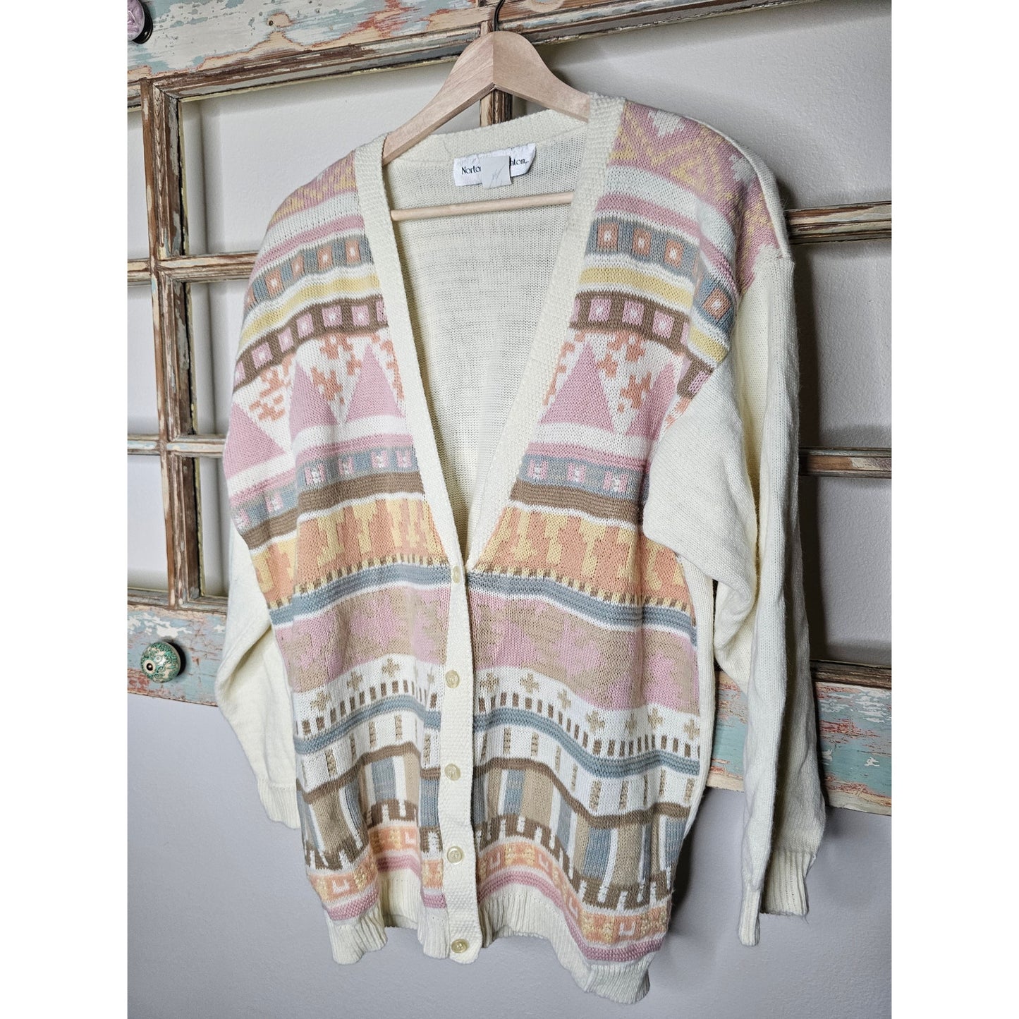 Vintage Button Up Cream Cardigan W/ Pastel Linear Design size Medium