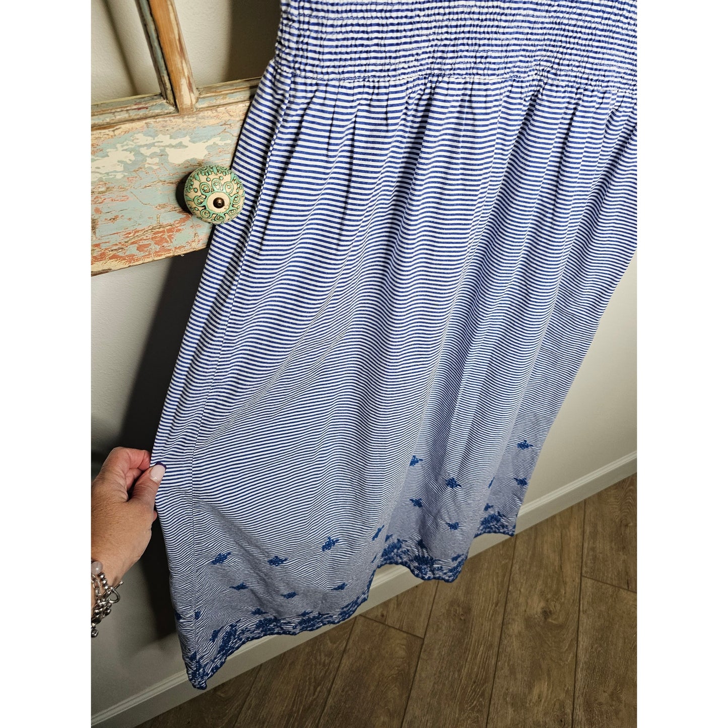 Koton Blue & White Stripe Midi Dress with Ruffles and Embroidery Ladies size Medium