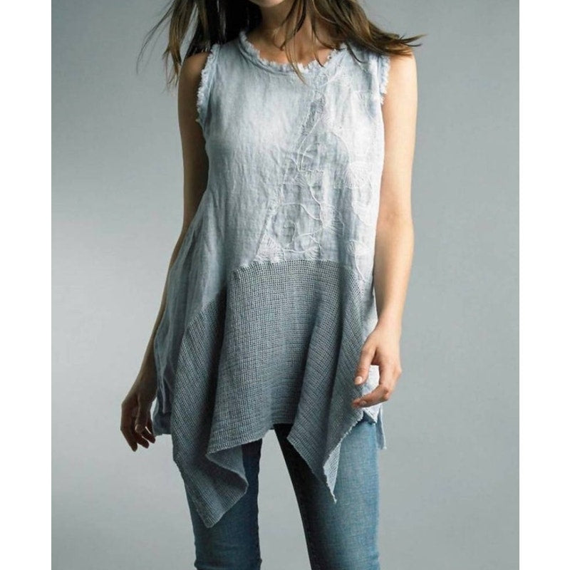 Tempo Paris Linen High Low Embroidered Frayed Edge Tank Top Size Large