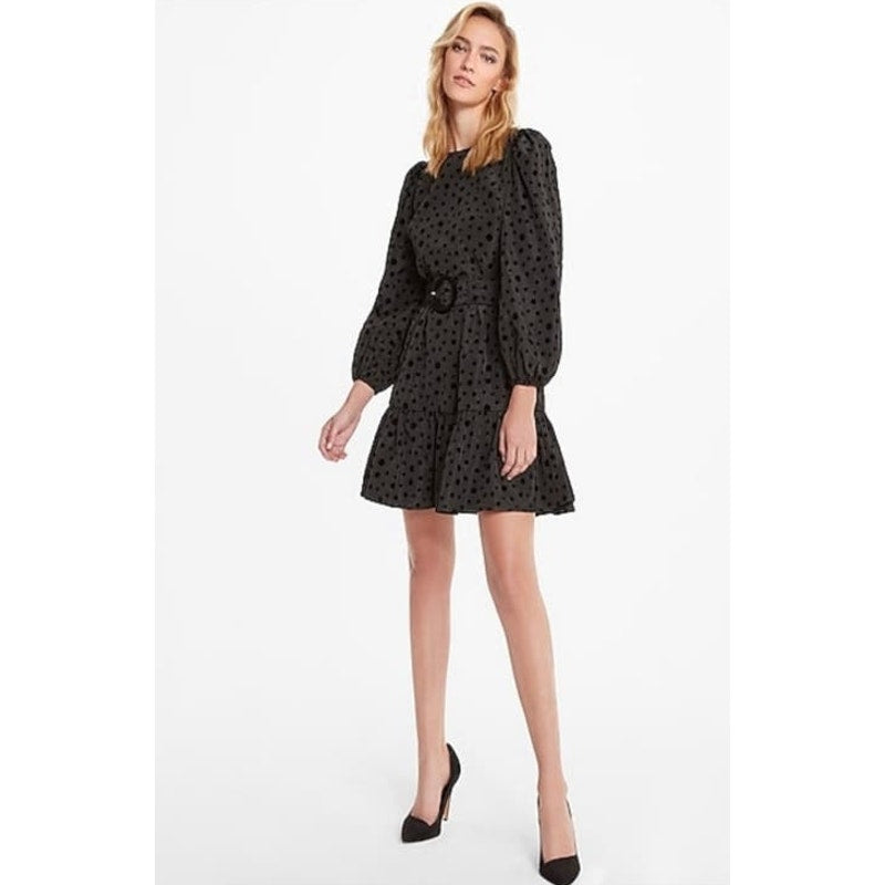 NWT Express black Velvety Polka Dot Puff Sleeve Tiered Dress size Medium