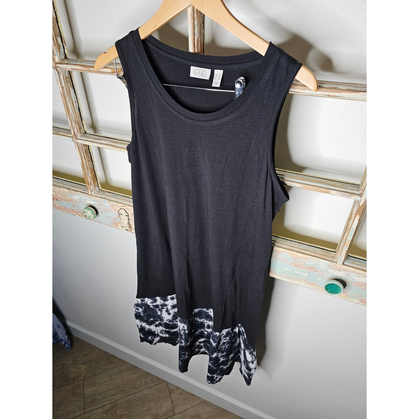 LOGO Lori Goldstein Black and Tan Sleeveless Midi Dress W/ Tie Dye size Medium