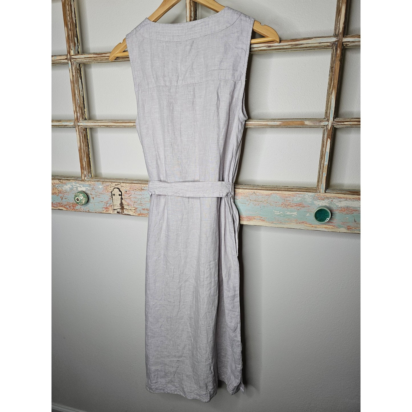 Tahari 100% Linen Sleeveless V-Neck Dress Tie Waist Midi Side Slits Size Small